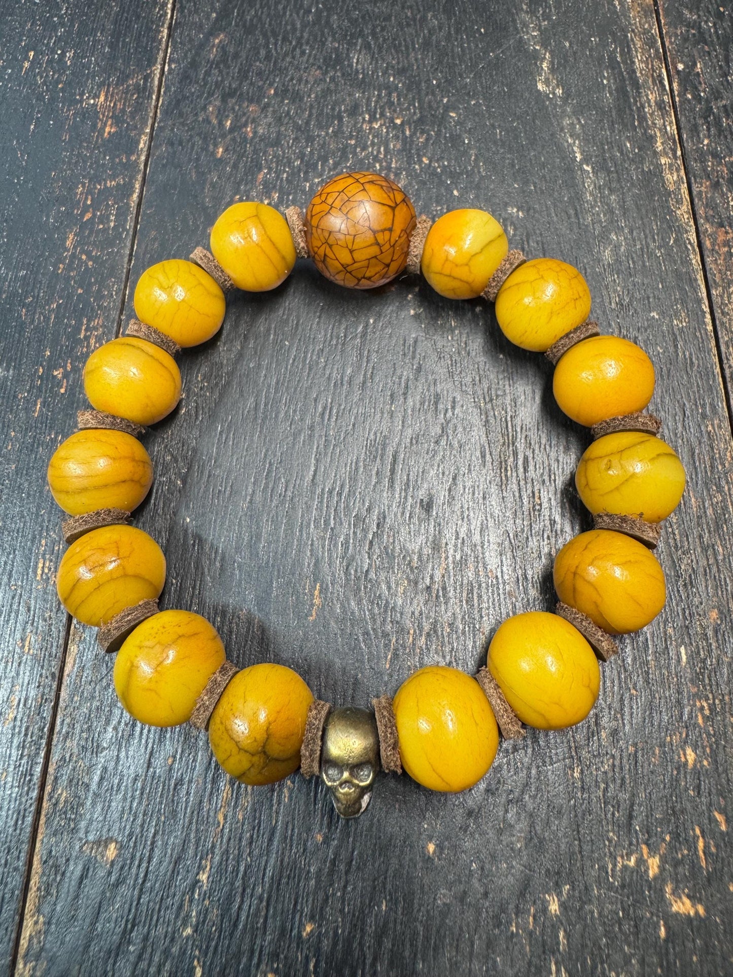 Vintage Yak Bone Bead Bracelet – 14mm Tibetan Style Bone Beads with Brass Skull Accent, Ethnic Tribal Bracelet, Spiritual Jewelry