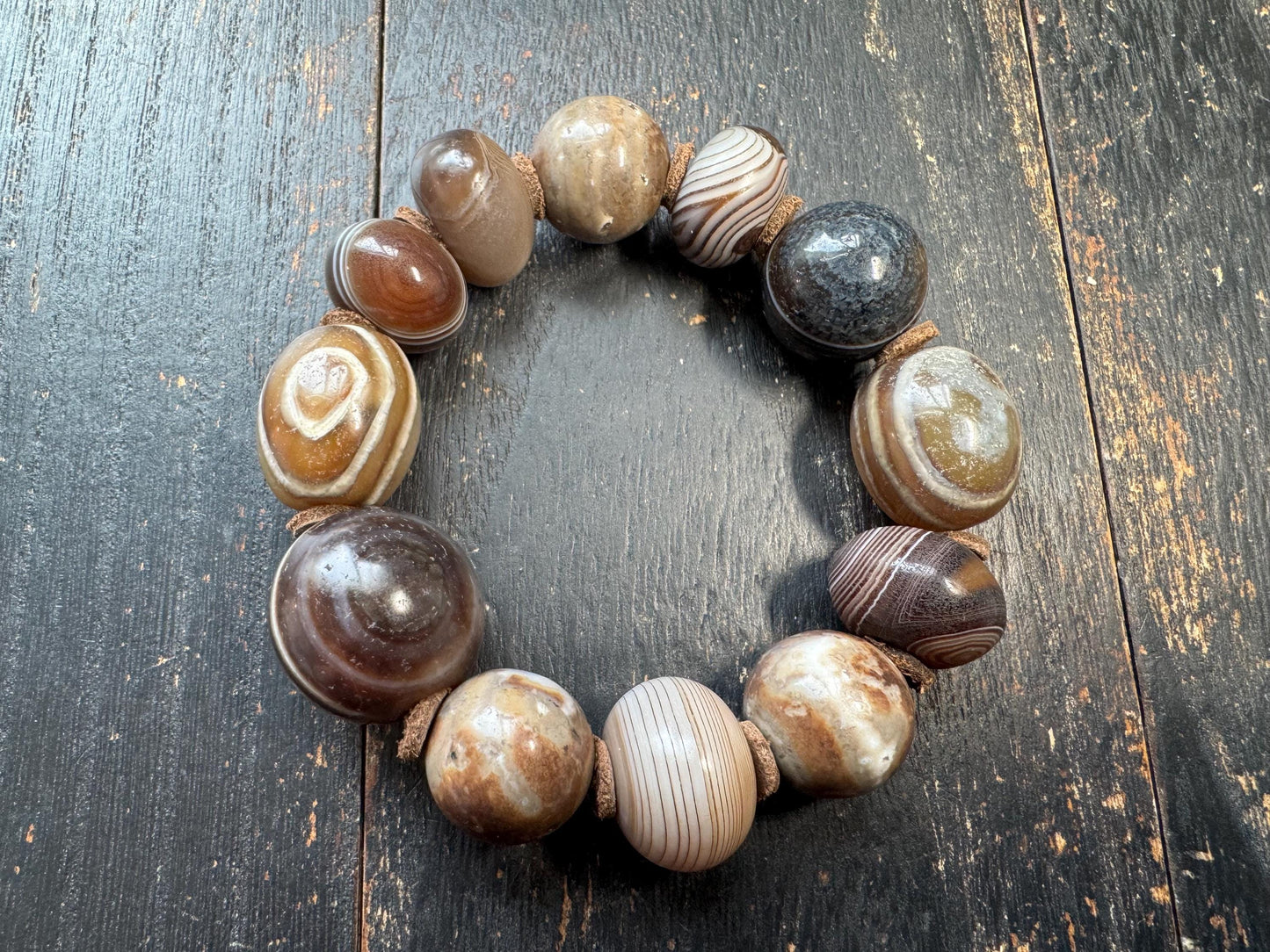 Vintage Banded Agate Bead Bracelet – Sulemani Agate & Zhang Zhung Style Eye Beads, Large Tibetan Style Stone Bracelet, Ethnic Tribal Jewelry