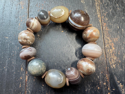 Vintage Banded Agate Bead Bracelet – Sulemani Agate & Zhang Zhung Style Eye Beads, Large Tibetan Style Stone Bracelet, Ethnic Tribal Jewelry