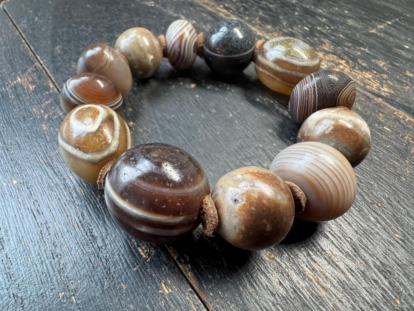 Vintage Banded Agate Bead Bracelet – Sulemani Agate & Zhang Zhung Style Eye Beads, Large Tibetan Style Stone Bracelet, Ethnic Tribal Jewelry