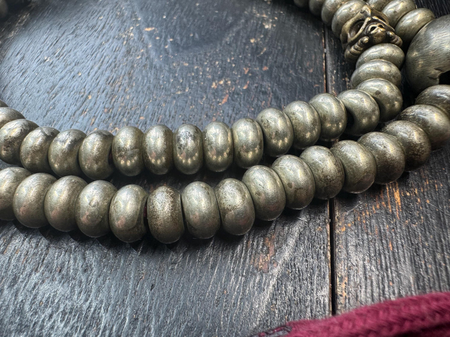 Vintage Tibetan Brass Mala 108 Beads – 22” Heavy Disc Prayer Necklace – Garuda Spacer Beads – Buddhist Meditation Mala – Antique Style Patin
