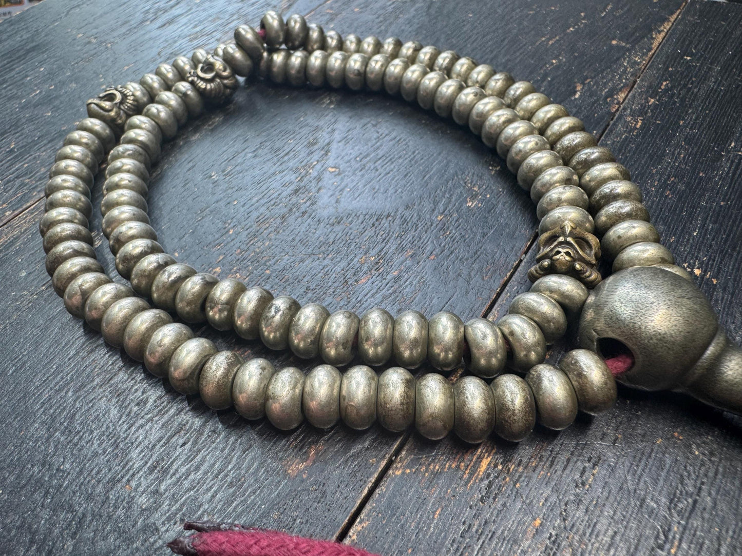 Vintage Tibetan Brass Mala 108 Beads – 22” Heavy Disc Prayer Necklace – Garuda Spacer Beads – Buddhist Meditation Mala – Antique Style Patin
