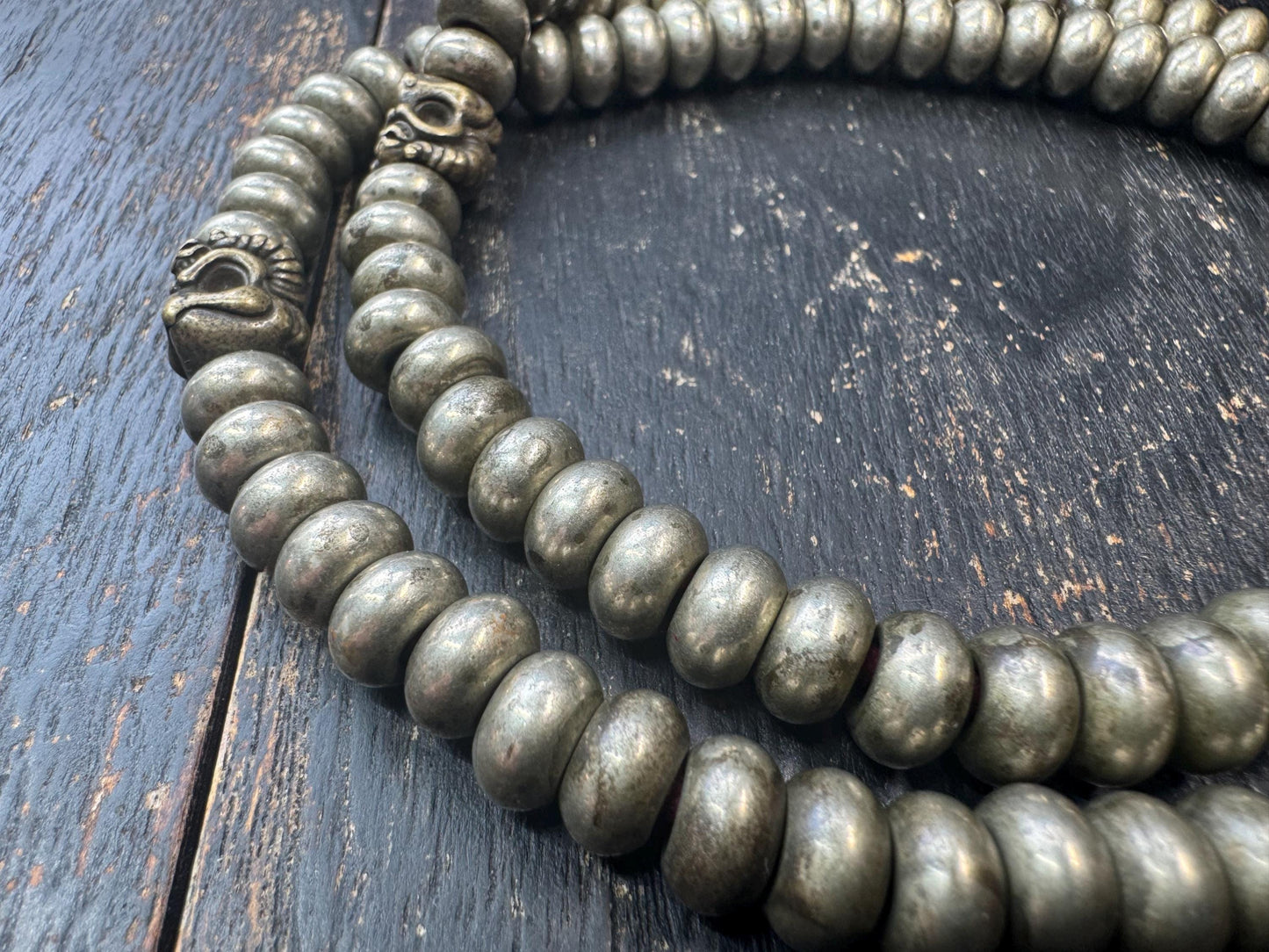 Vintage Tibetan Brass Mala 108 Beads – 22” Heavy Disc Prayer Necklace – Garuda Spacer Beads – Buddhist Meditation Mala – Antique Style Patin