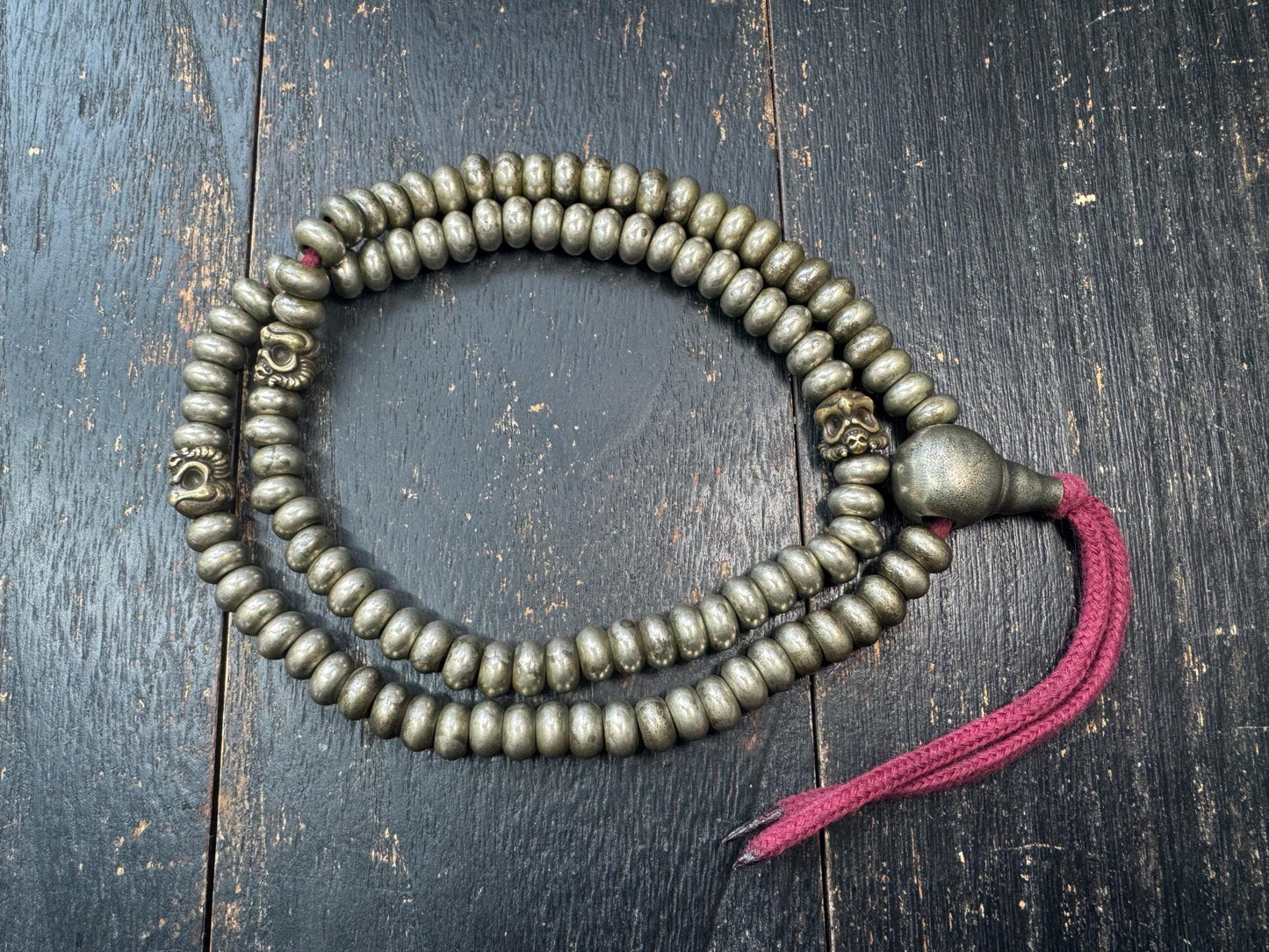 Vintage Tibetan Brass Mala 108 Beads – 22” Heavy Disc Prayer Necklace – Garuda Spacer Beads – Buddhist Meditation Mala – Antique Style Patin