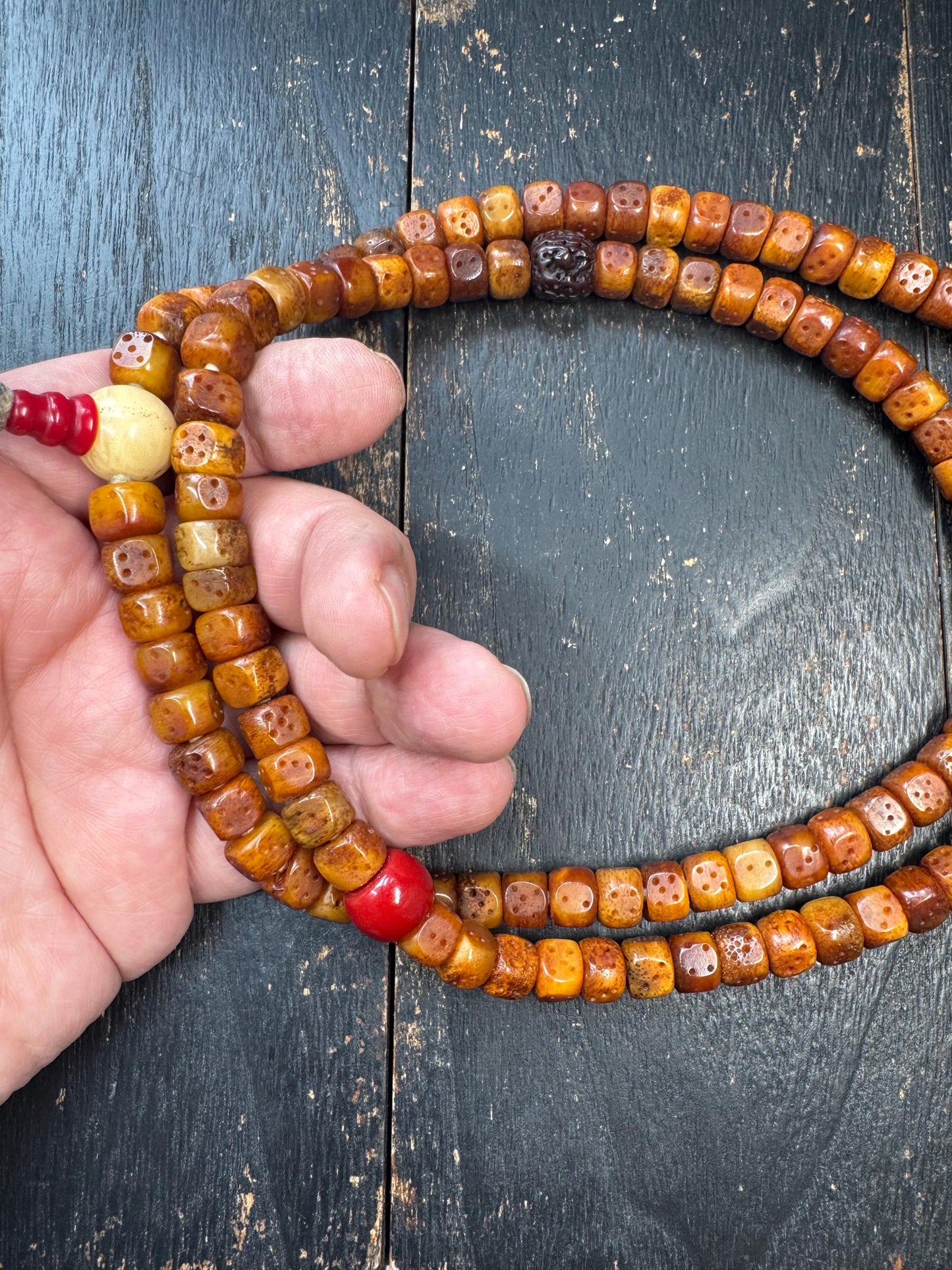 Tibetan Yak Bone Dice Mala 108 Beads – 33” Long Prayer Necklace – Resin Spacer Beads – Kapala Skull Accent – Vintage Style Buddhist Mala