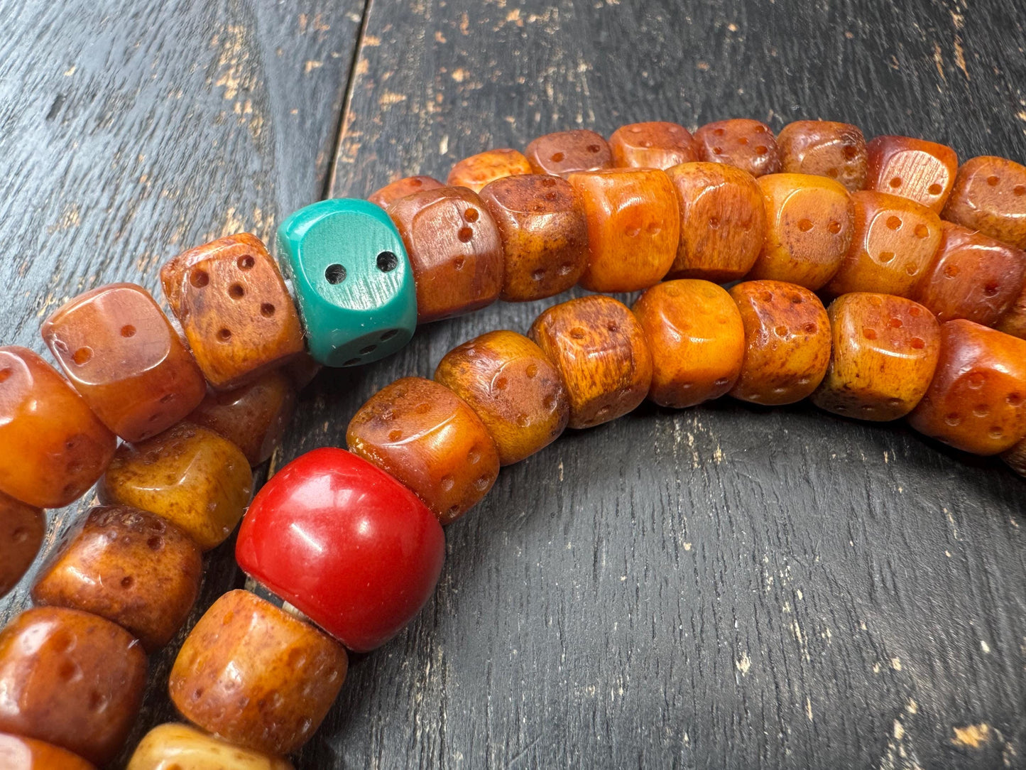 Tibetan Yak Bone Dice Mala 108 Beads – 33” Long Prayer Necklace – Resin Spacer Beads – Kapala Skull Accent – Vintage Style Buddhist Mala