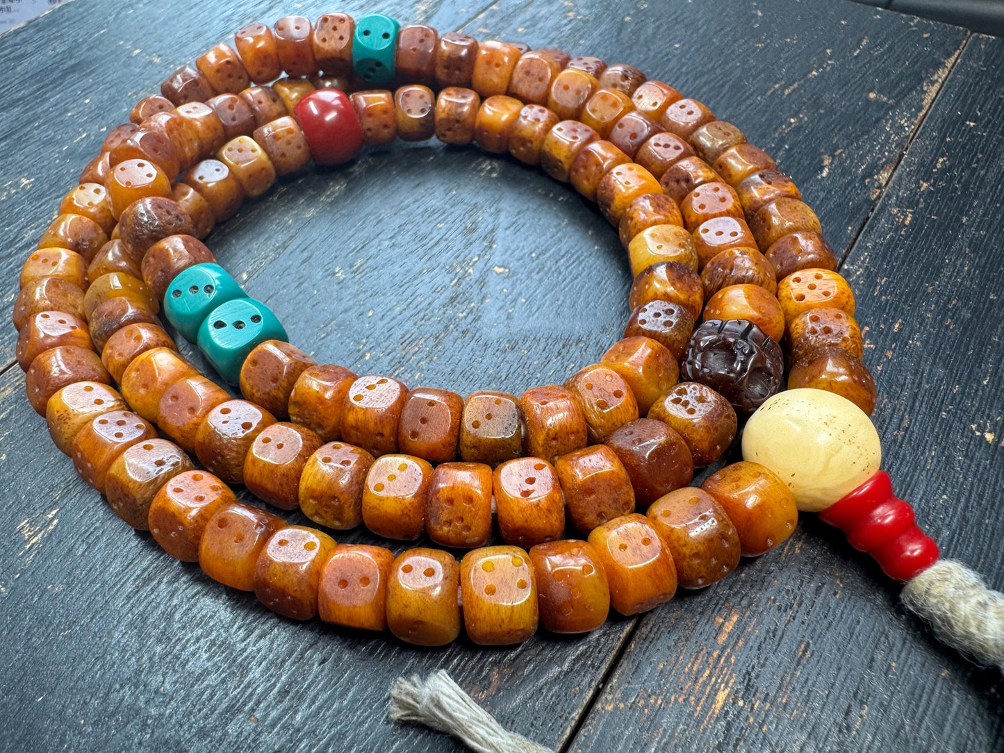 Tibetan Yak Bone Dice Mala 108 Beads – 33” Long Prayer Necklace – Resin Spacer Beads – Kapala Skull Accent – Vintage Style Buddhist Mala