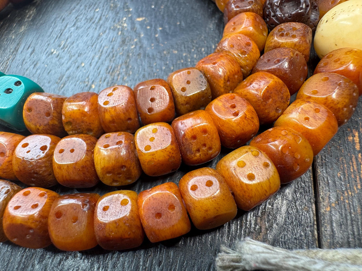 Tibetan Yak Bone Dice Mala 108 Beads – 33” Long Prayer Necklace – Resin Spacer Beads – Kapala Skull Accent – Vintage Style Buddhist Mala