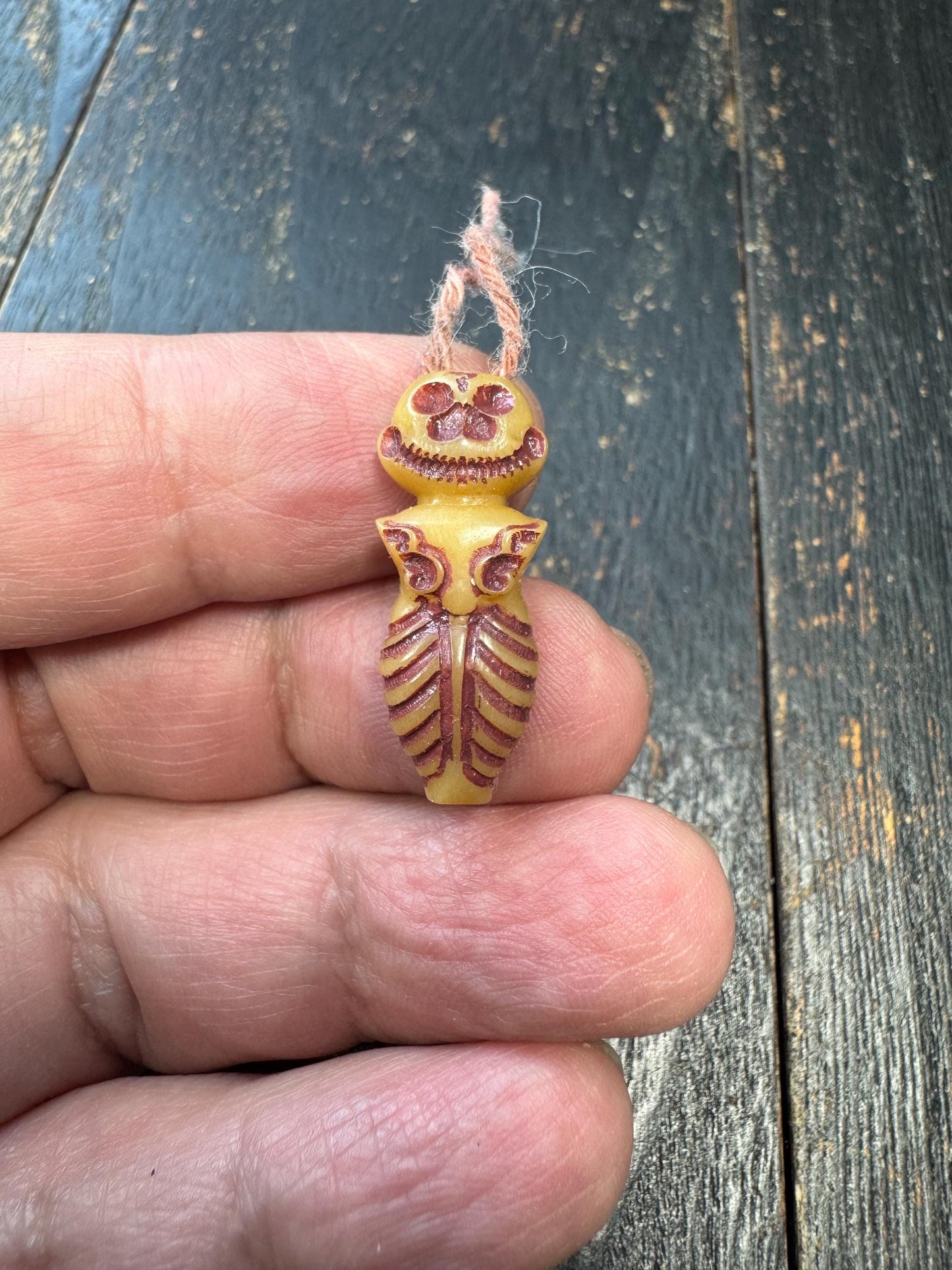 Tibetan Yak Bone Skull Bead – Hand Carved Citipati Style – Om Mani Padme Hum Mantra – Small Buddhist Pendant / Mala Bead