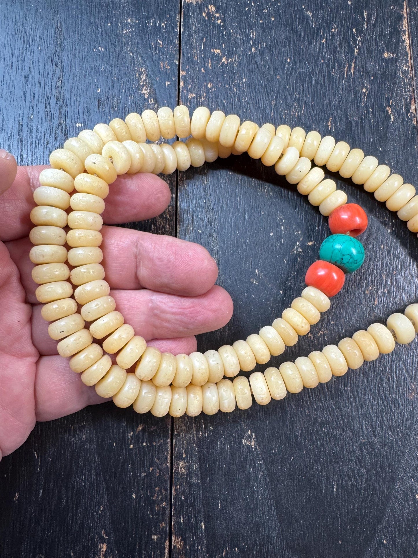 Tibetan Yak Bone Mala 108 Beads – Hand Carved Mantra Prayer Beads Necklace – Resin Accent Beads – Meditation Mala Necklace