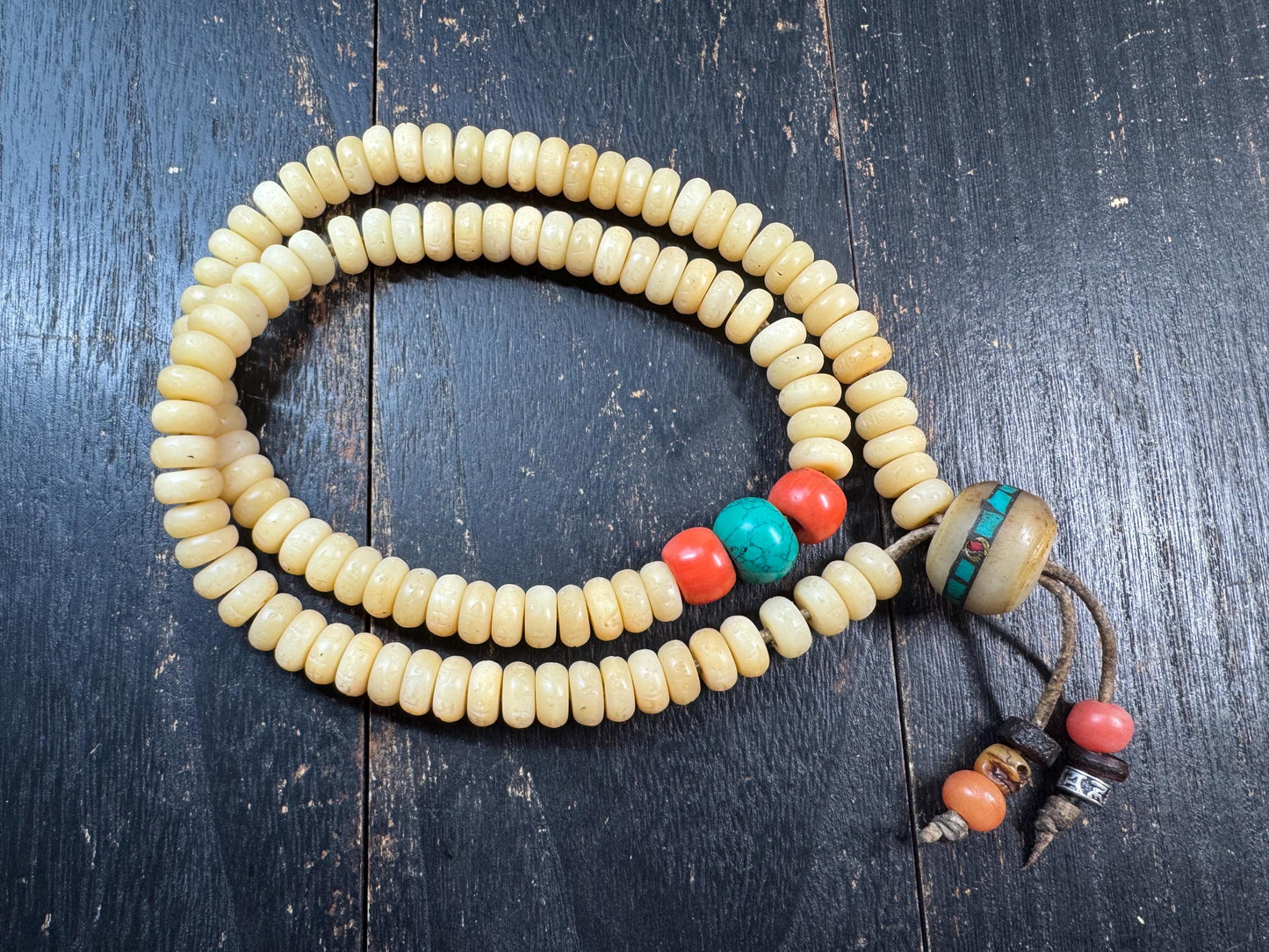 Tibetan Yak Bone Mala 108 Beads – Hand Carved Mantra Prayer Beads Necklace – Resin Accent Beads – Meditation Mala Necklace