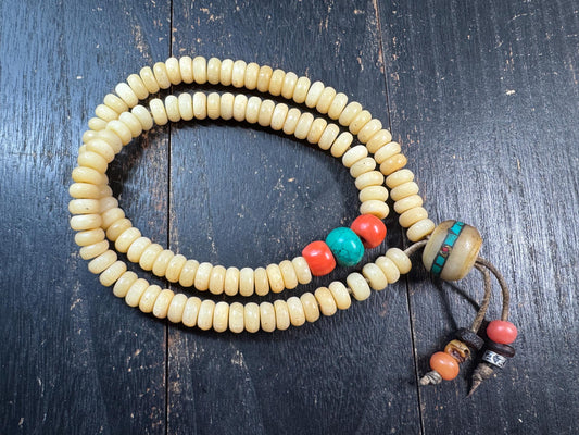Tibetan Yak Bone Mala 108 Beads – Hand Carved Mantra Prayer Beads Necklace – Resin Accent Beads – Meditation Mala Necklace