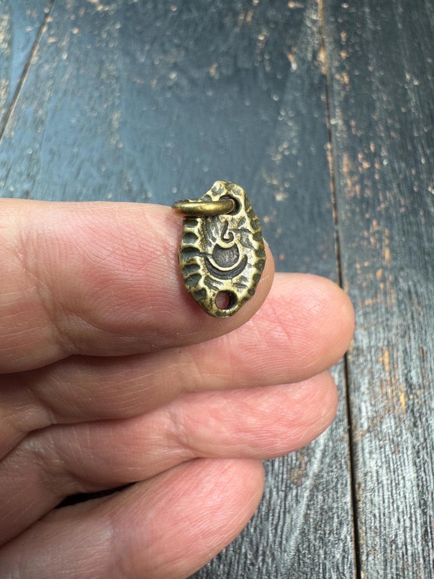 Mini Tibetan Brass Amulet Pendant – Double Sided Seed Symbol Charm – Antique Style Small Talisman Charm