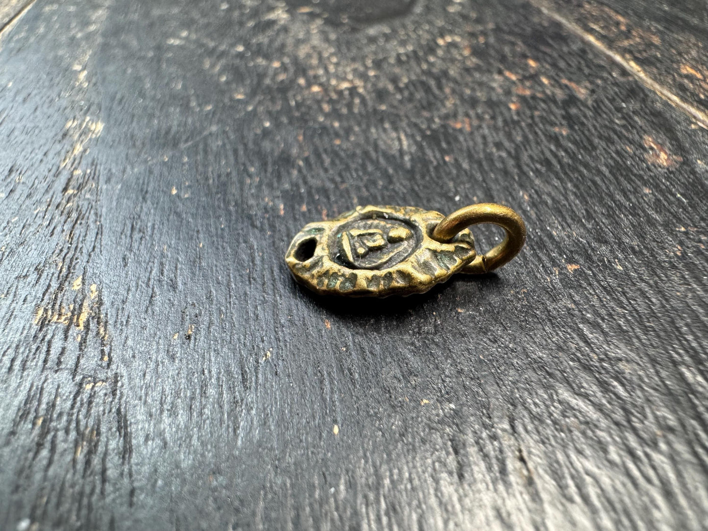 Mini Tibetan Brass Amulet Pendant – Double Sided Seed Symbol Charm – Antique Style Small Talisman Charm