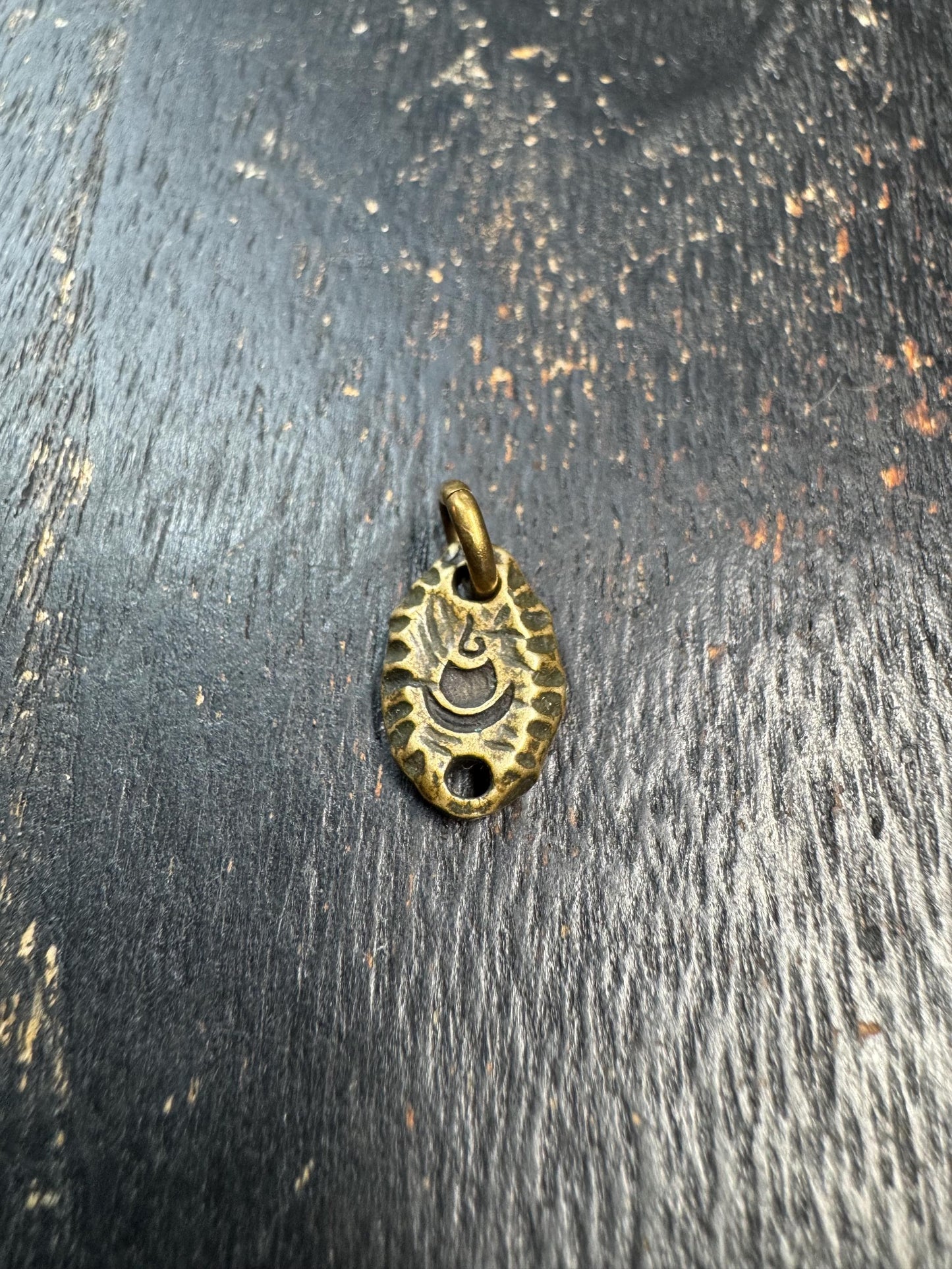 Mini Tibetan Brass Amulet Pendant – Double Sided Seed Symbol Charm – Antique Style Small Talisman Charm