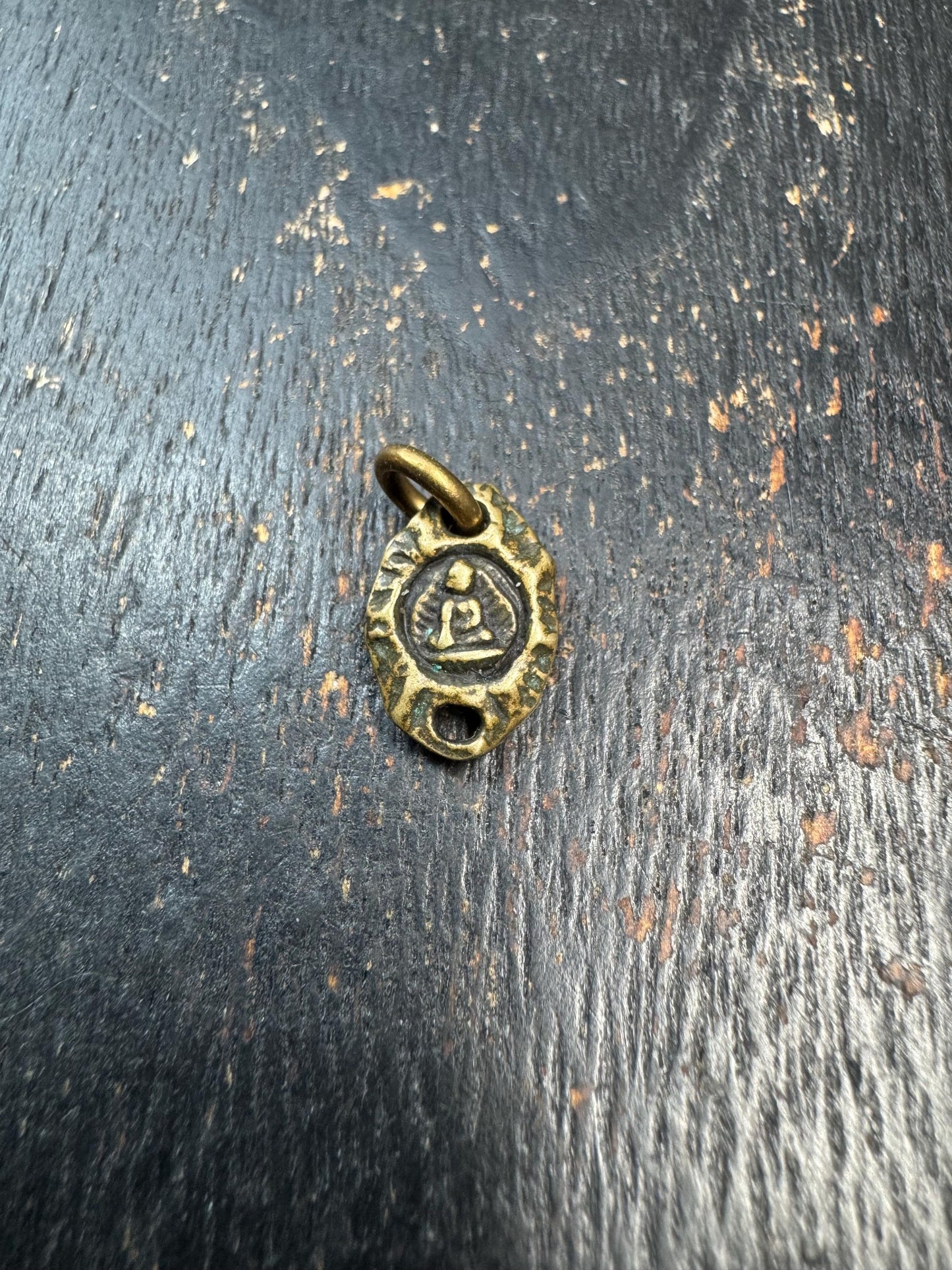 Mini Tibetan Brass Amulet Pendant – Double Sided Seed Symbol Charm – Antique Style Small Talisman Charm