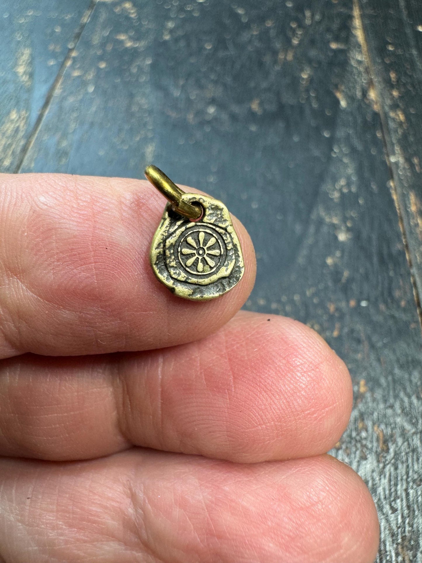 Mini Tibetan Brass Dharma Wheel Pendant – Double Sided Buddha Charm – Antique Style Small Spiritual Amulet