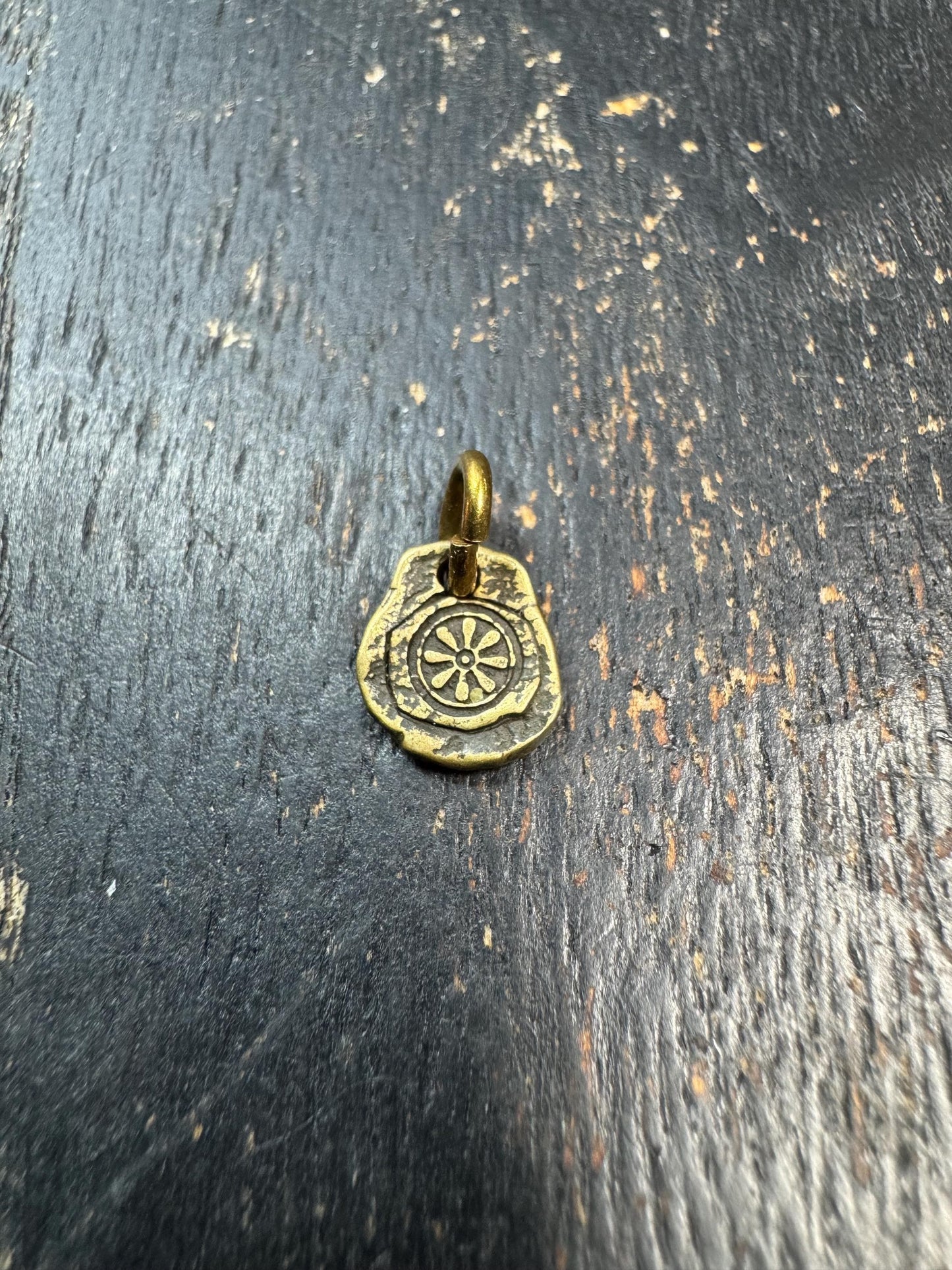 Mini Tibetan Brass Dharma Wheel Pendant – Double Sided Buddha Charm – Antique Style Small Spiritual Amulet