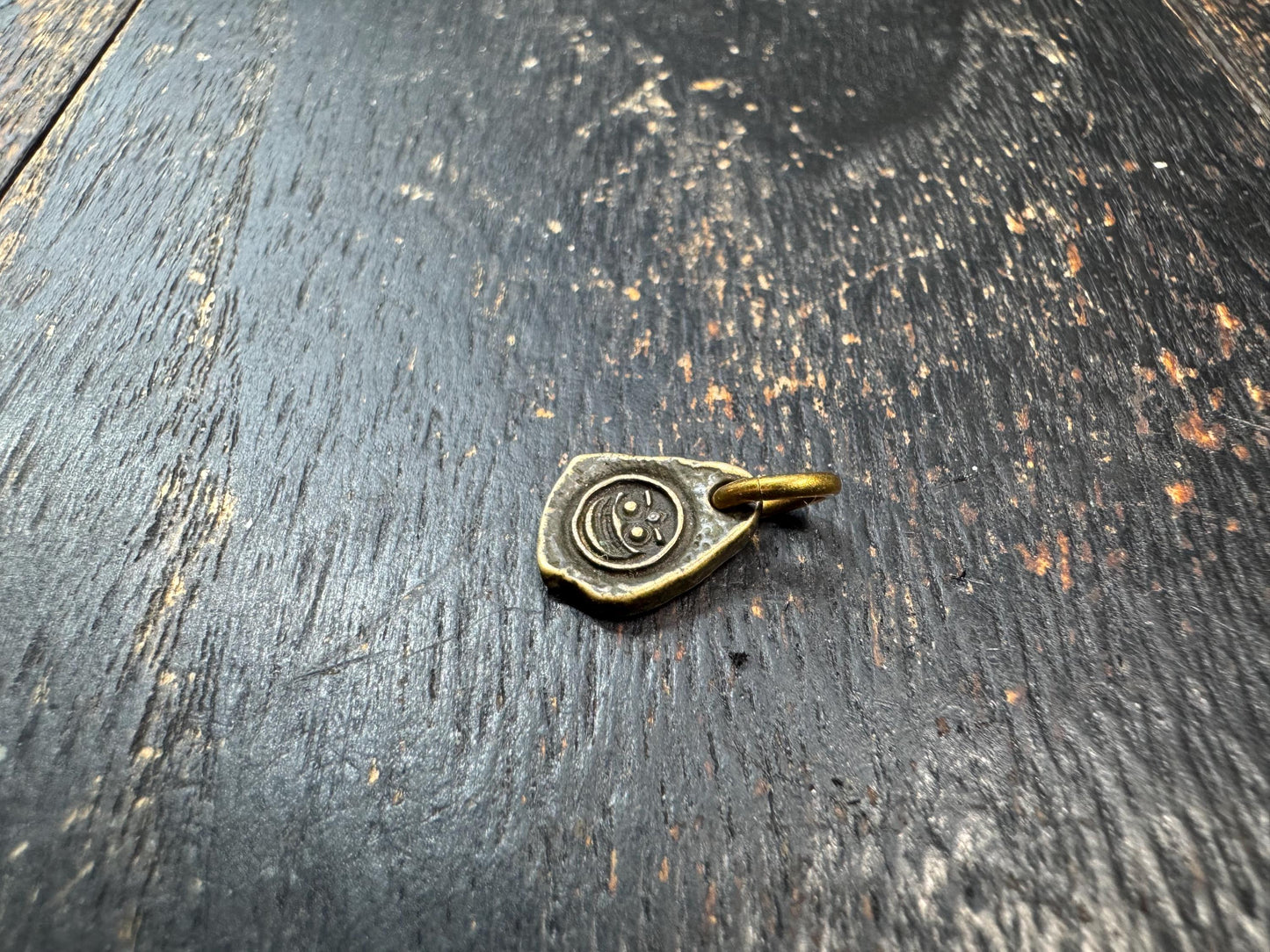 Mini Tibetan Brass Amulet Pendant – Double Sided Symbol Charm – Antique Style Small Spiritual Charm