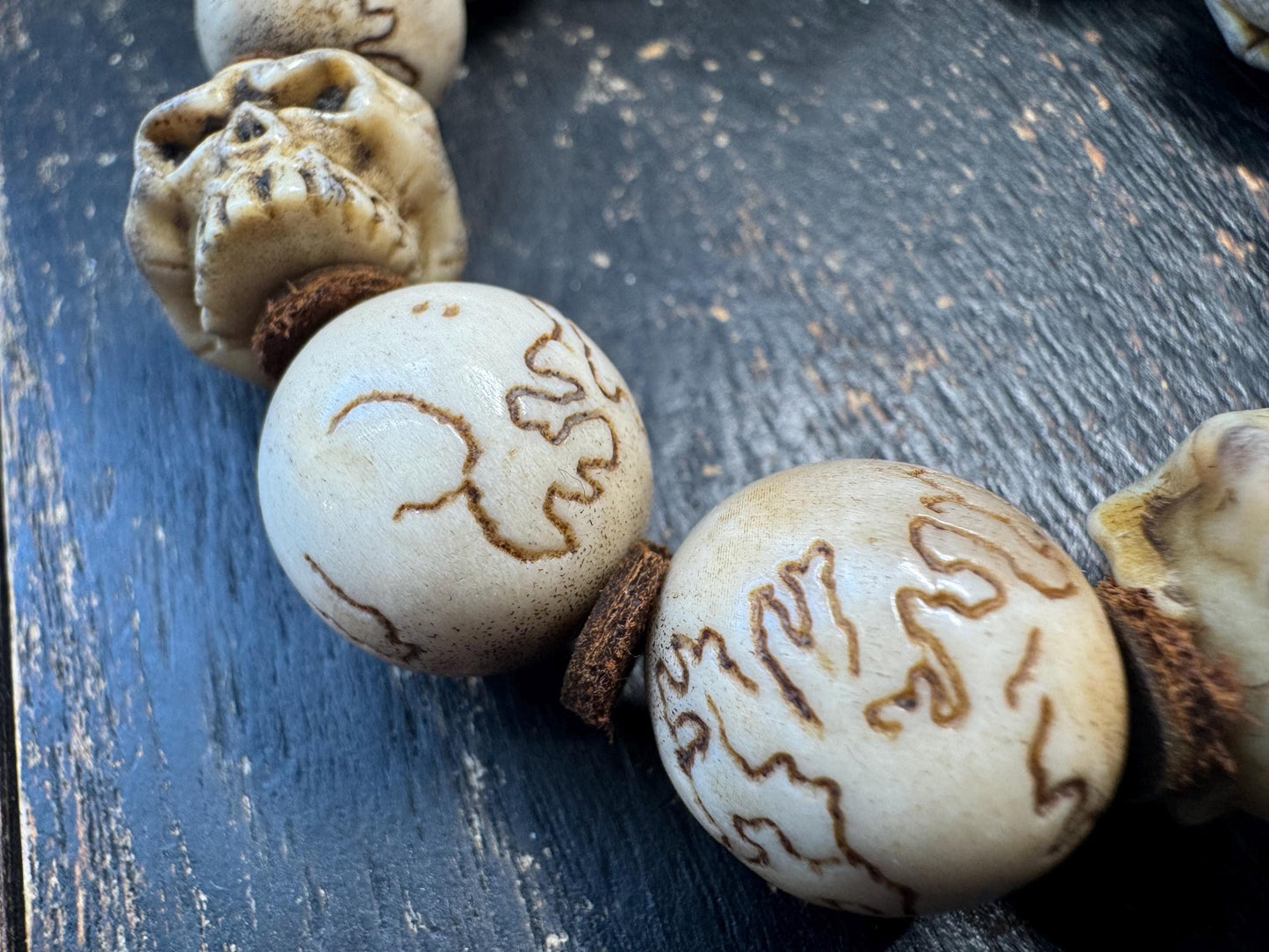 Hand Carved Deer Antler Skull Bracelet | Rustic Bone Bead Bracelet | Artisan Carved Beads | Adjustable Stretch Bracelet | One of a Kind