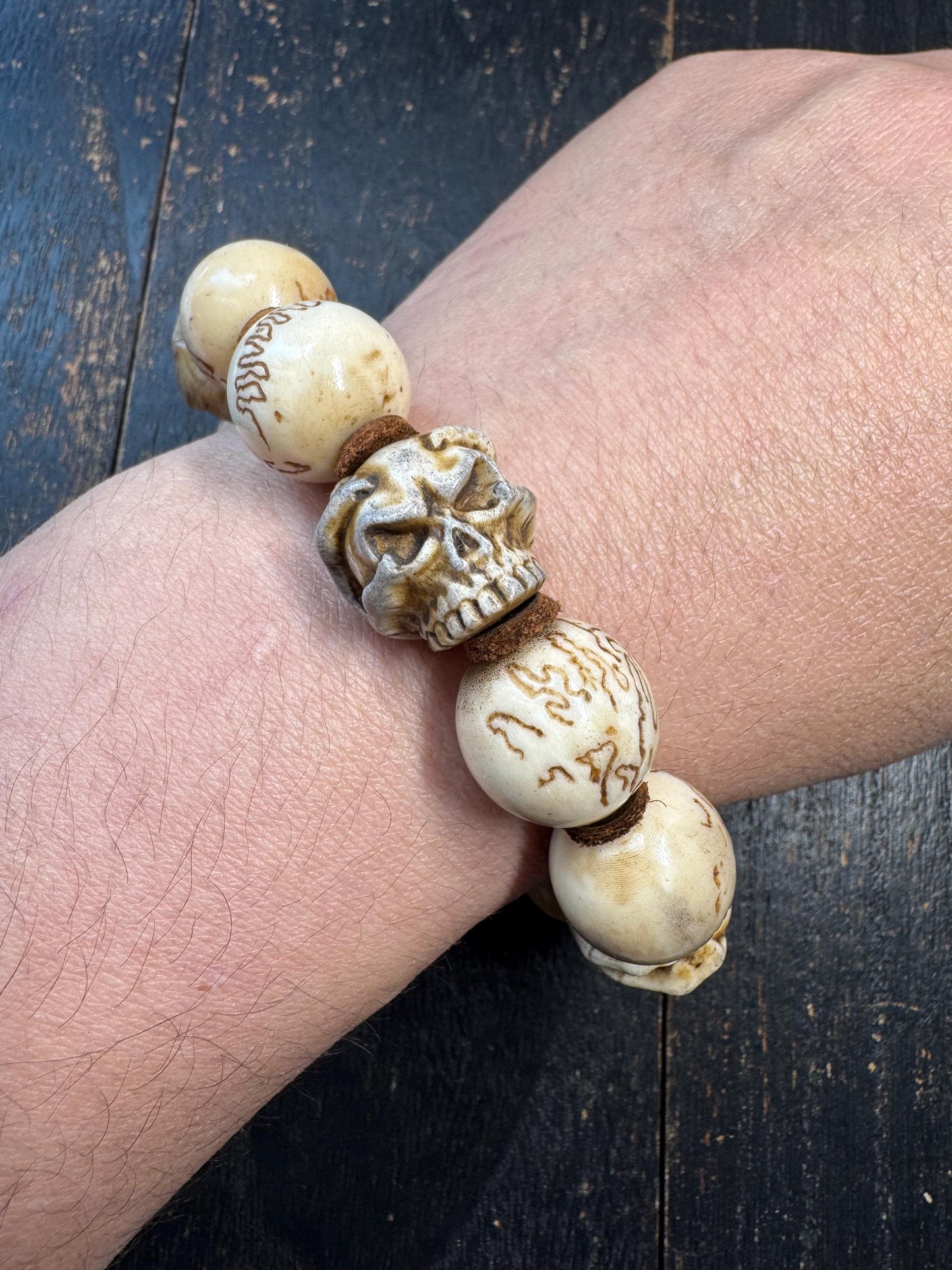 Hand Carved Deer Antler Skull Bracelet | Rustic Bone Bead Bracelet | Artisan Carved Beads | Adjustable Stretch Bracelet | One of a Kind