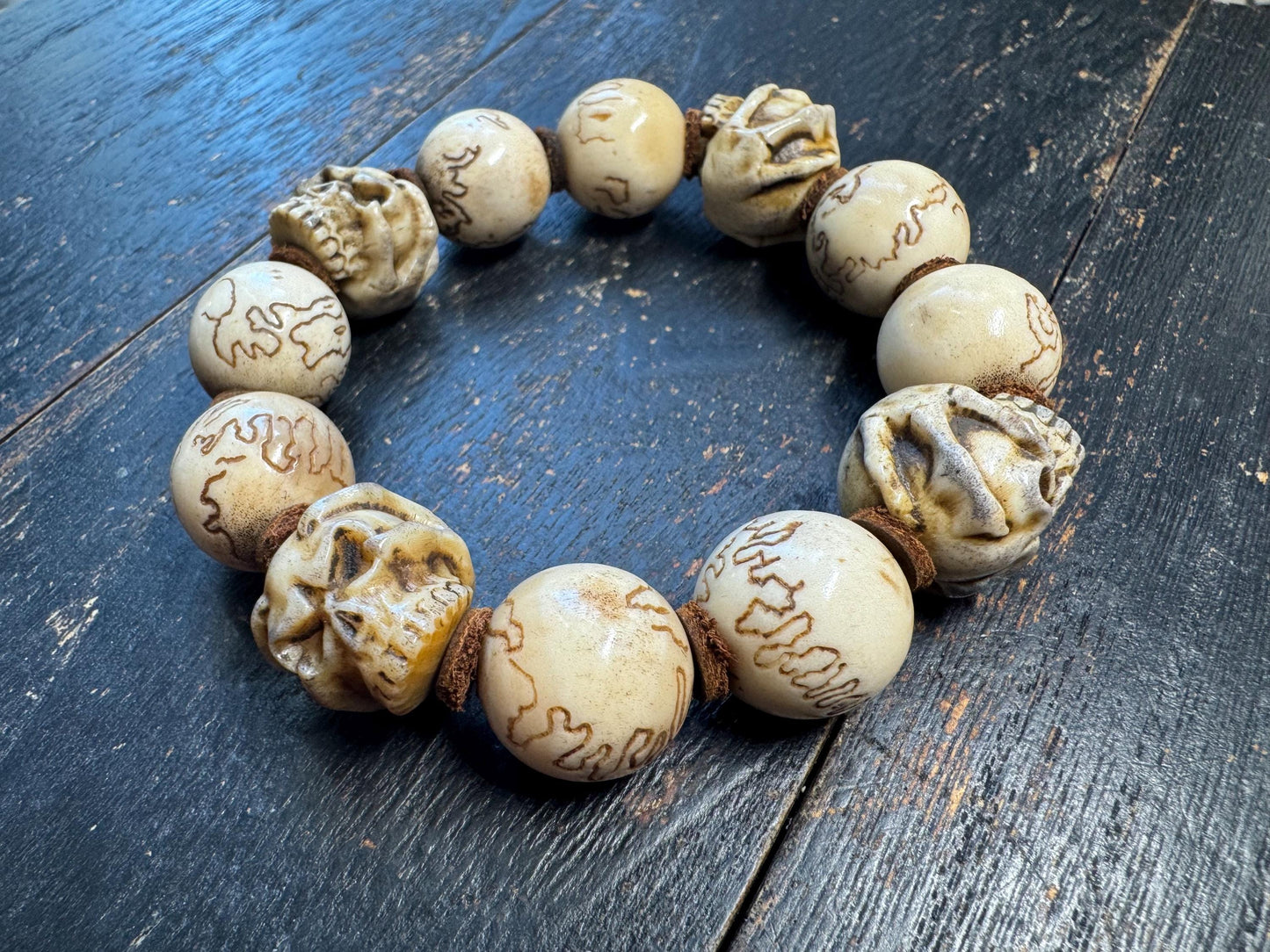 Hand Carved Deer Antler Skull Bracelet | Rustic Bone Bead Bracelet | Artisan Carved Beads | Adjustable Stretch Bracelet | One of a Kind
