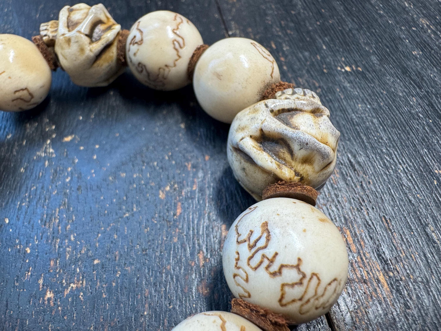 Hand Carved Deer Antler Skull Bracelet | Rustic Bone Bead Bracelet | Artisan Carved Beads | Adjustable Stretch Bracelet | One of a Kind