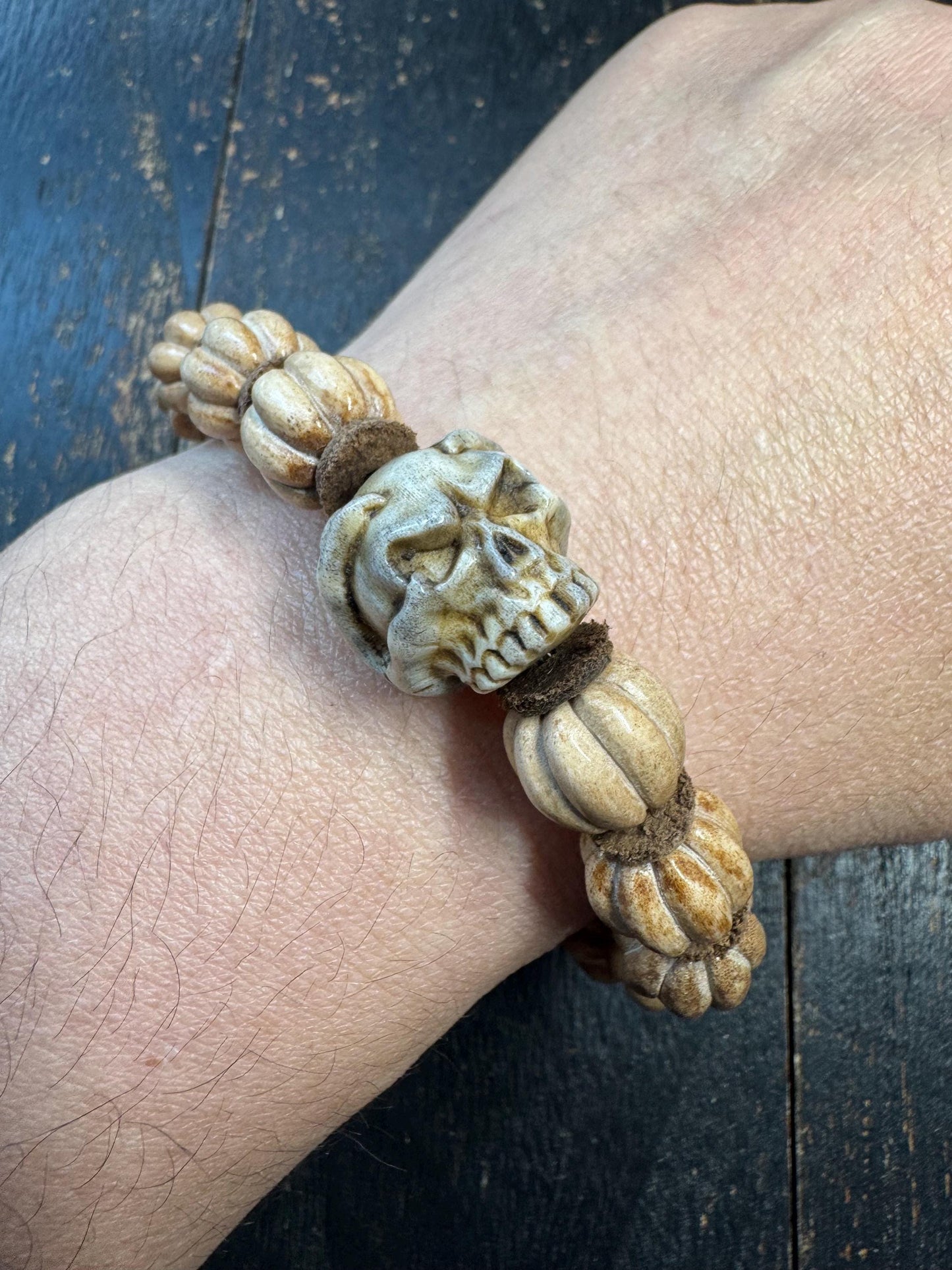Hand Carved Deer Antler Pumpkin Bead Bracelet | Natural Bone Bead Bracelet | Rustic Artisan Jewelry | Skull Accent Bead | One of a Kind