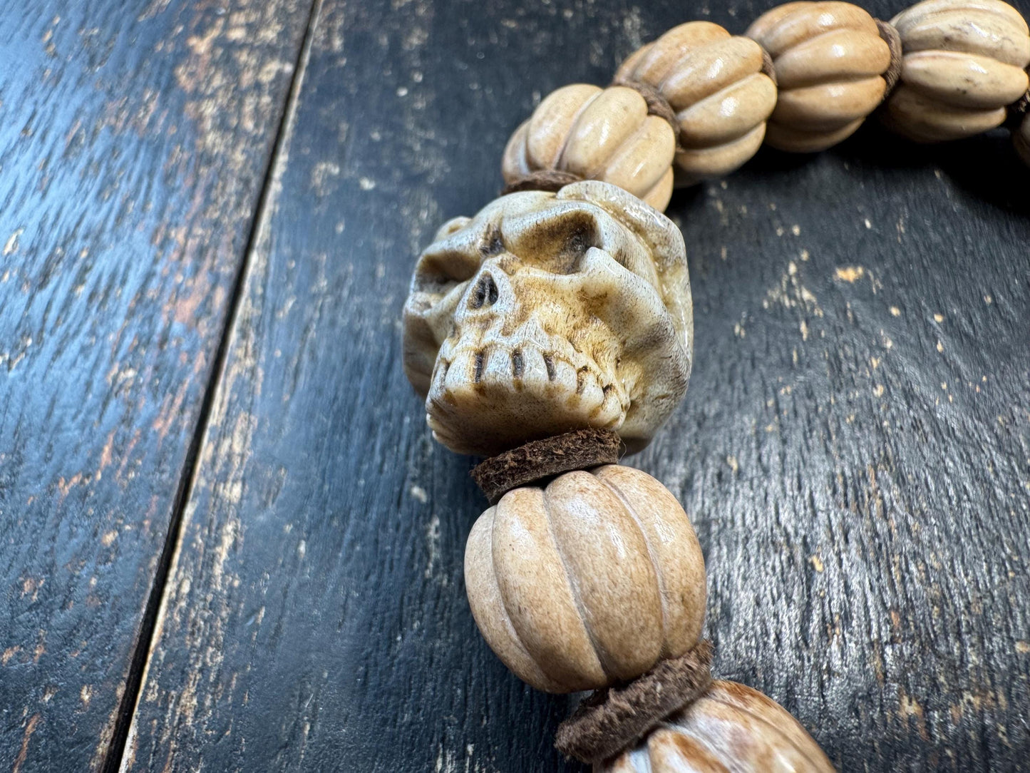 Hand Carved Deer Antler Pumpkin Bead Bracelet | Natural Bone Bead Bracelet | Rustic Artisan Jewelry | Skull Accent Bead | One of a Kind