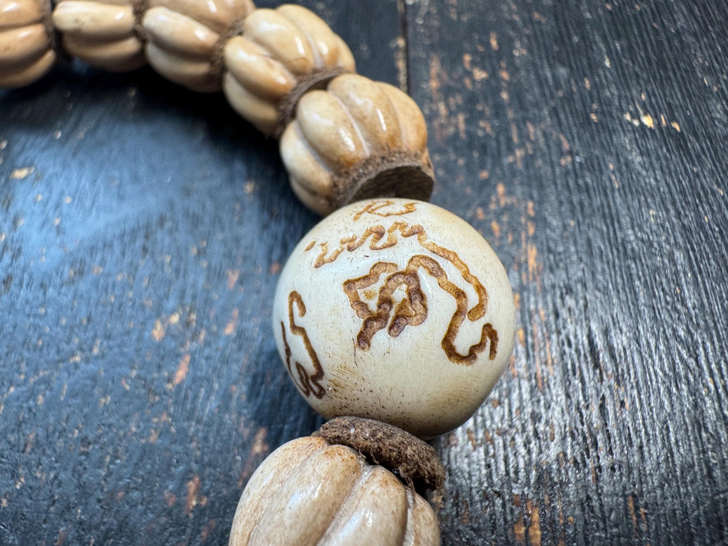 Hand Carved Deer Antler Pumpkin Bead Bracelet | Natural Bone Bead Bracelet | Rustic Artisan Jewelry | Skull Accent Bead | One of a Kind