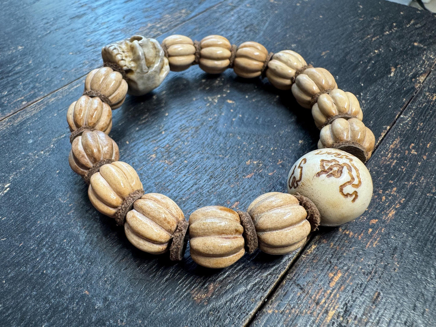 Hand Carved Deer Antler Pumpkin Bead Bracelet | Natural Bone Bead Bracelet | Rustic Artisan Jewelry | Skull Accent Bead | One of a Kind