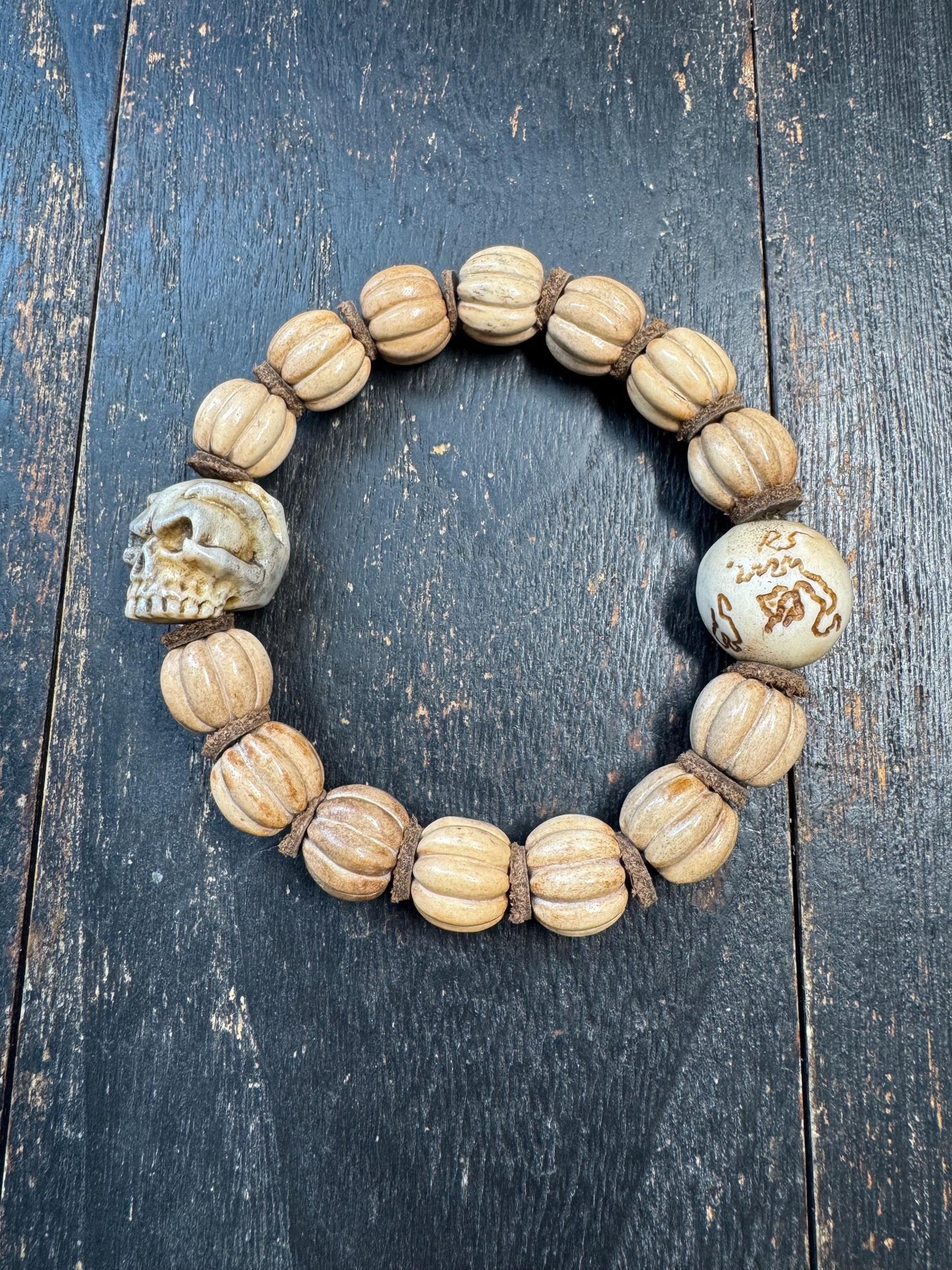 Hand Carved Deer Antler Pumpkin Bead Bracelet | Natural Bone Bead Bracelet | Rustic Artisan Jewelry | Skull Accent Bead | One of a Kind