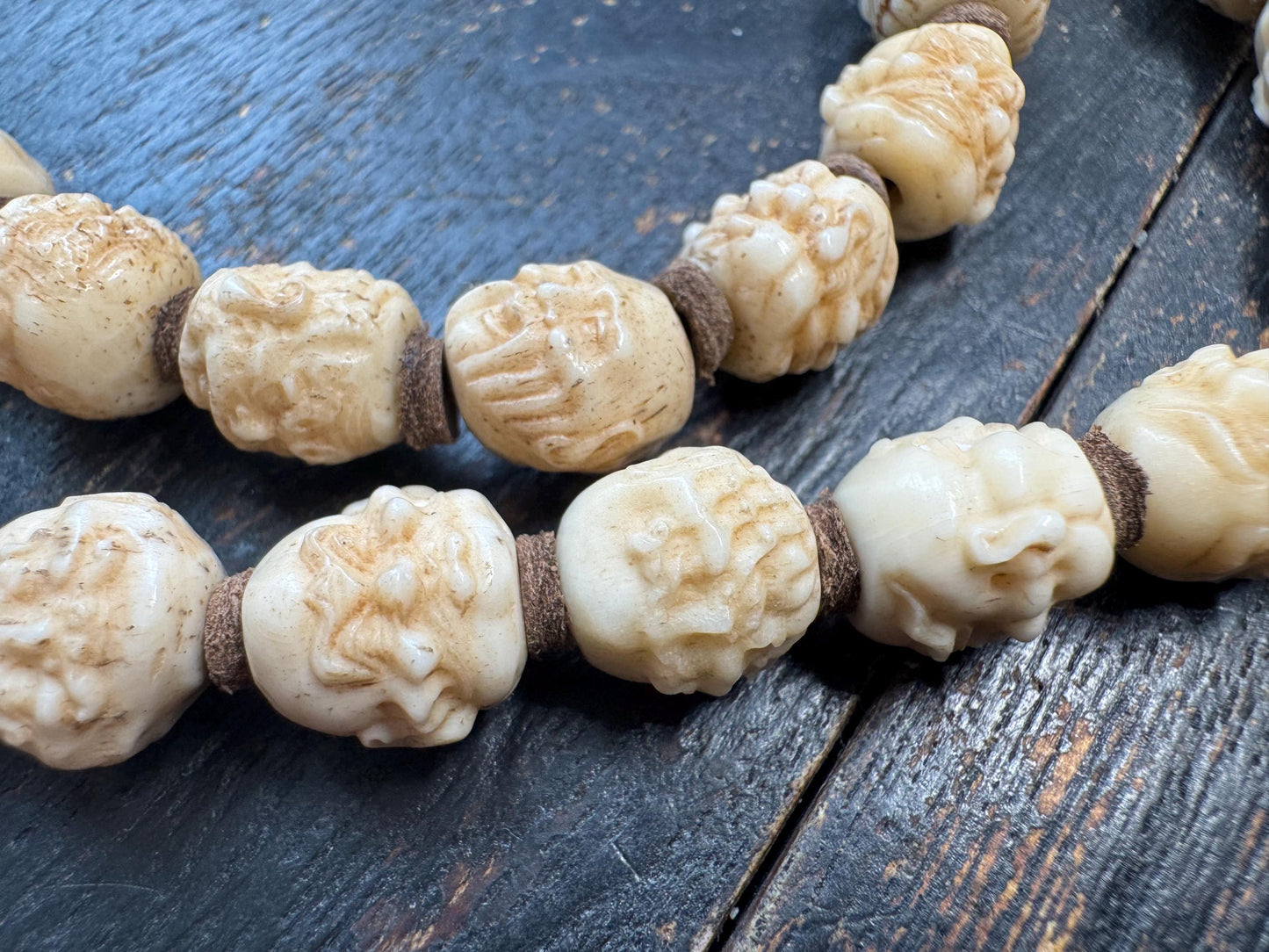 54 Bead Hand Carved Arhat Mala Necklace | Yak Bone Face Beads | 18 Arhat Inspired Design | 26 Inches | One of a Kind