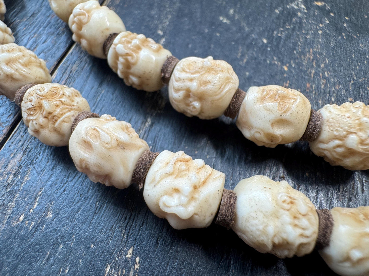 54 Bead Hand Carved Arhat Mala Necklace | Yak Bone Face Beads | 18 Arhat Inspired Design | 26 Inches | One of a Kind