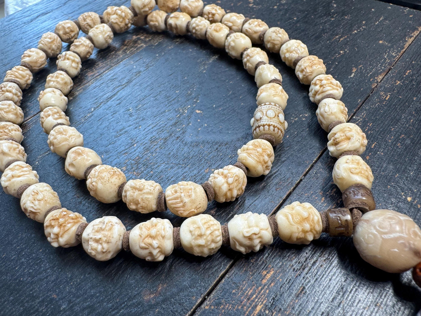 54 Bead Hand Carved Arhat Mala Necklace | Yak Bone Face Beads | 18 Arhat Inspired Design | 26 Inches | One of a Kind