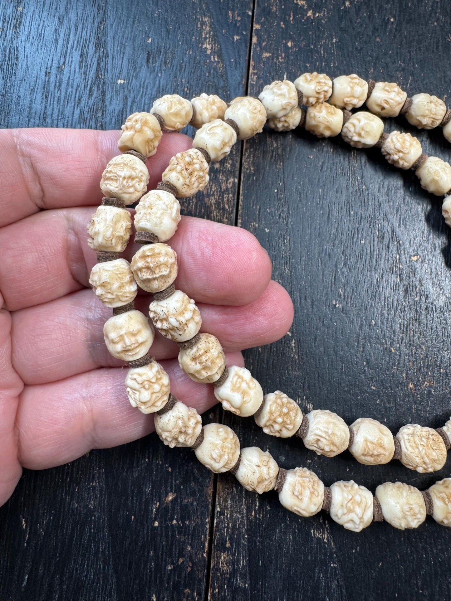 54 Bead Hand Carved Arhat Mala Necklace | Yak Bone Face Beads | 18 Arhat Inspired Design | 26 Inches | One of a Kind