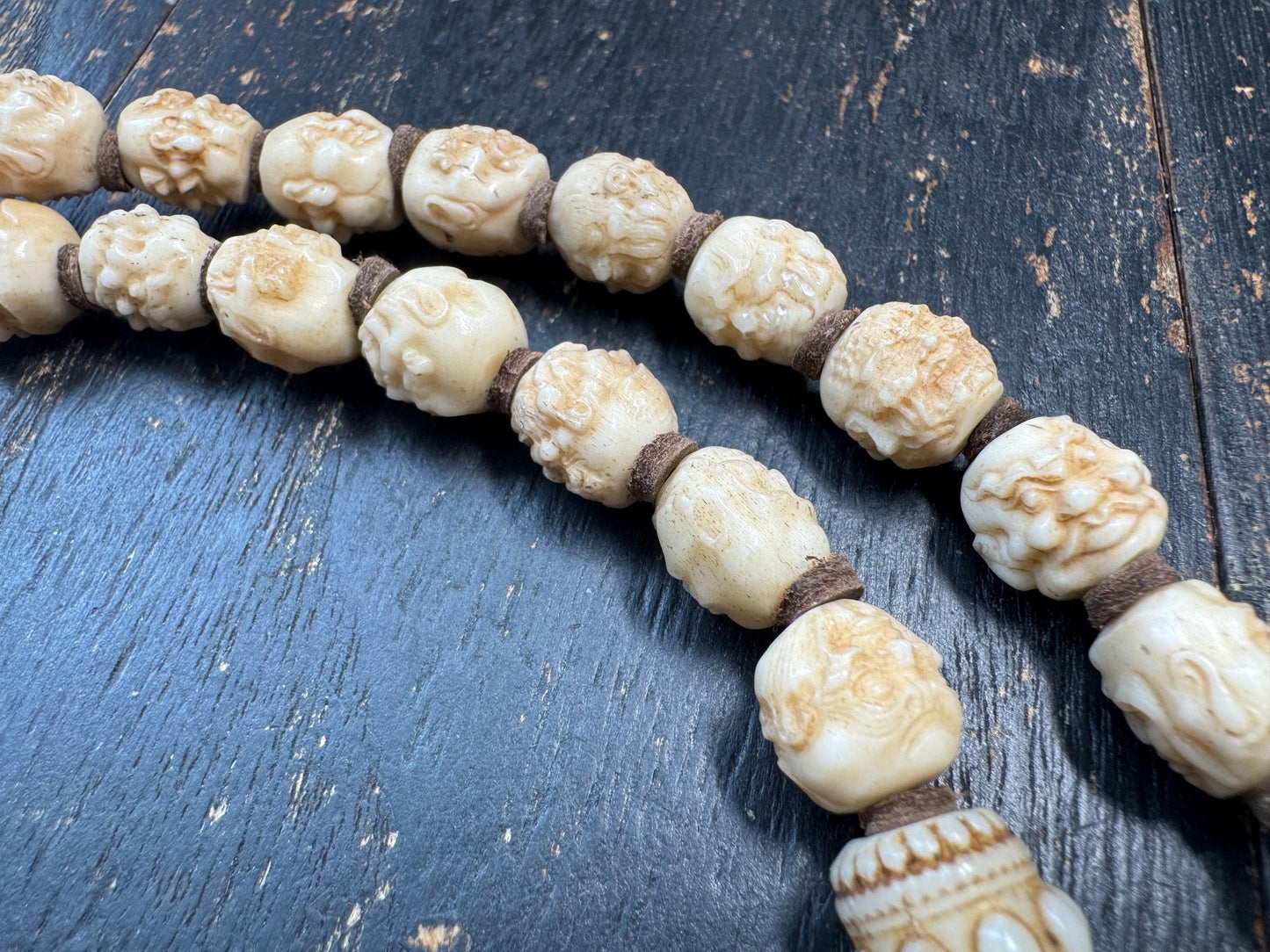54 Bead Hand Carved Arhat Mala Necklace | Yak Bone Face Beads | 18 Arhat Inspired Design | 26 Inches | One of a Kind
