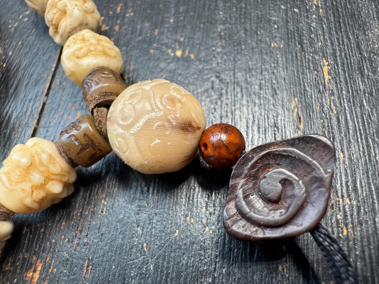 54 Bead Hand Carved Arhat Mala Necklace | Yak Bone Face Beads | 18 Arhat Inspired Design | 26 Inches | One of a Kind