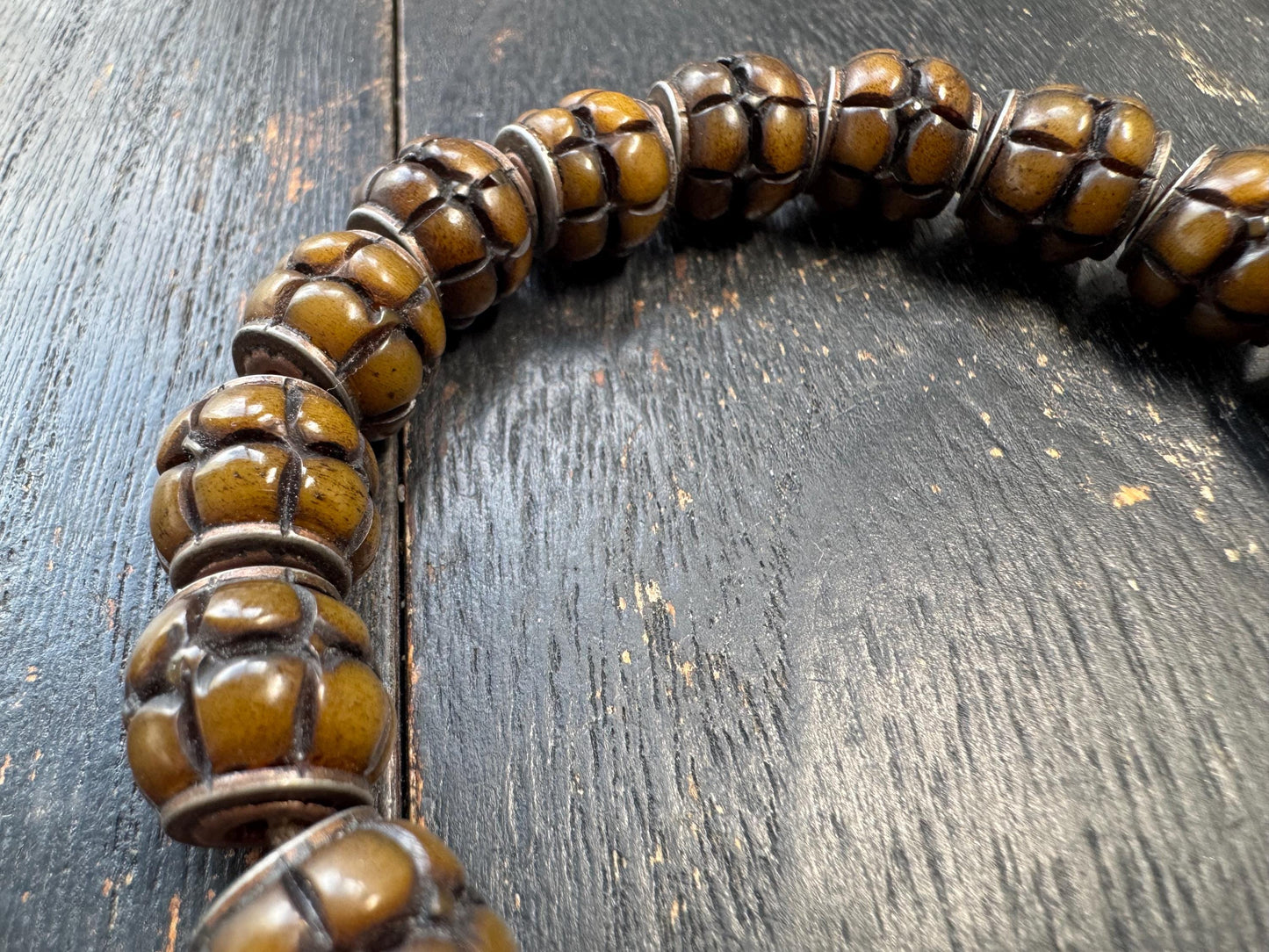 Tibetan Lotus Carved Yak Bone Bracelet | Adjustable Himalayan Mala Bracelet | Hand Carved Bone Prayer Beads | Ethnic Buddhist Jewelry