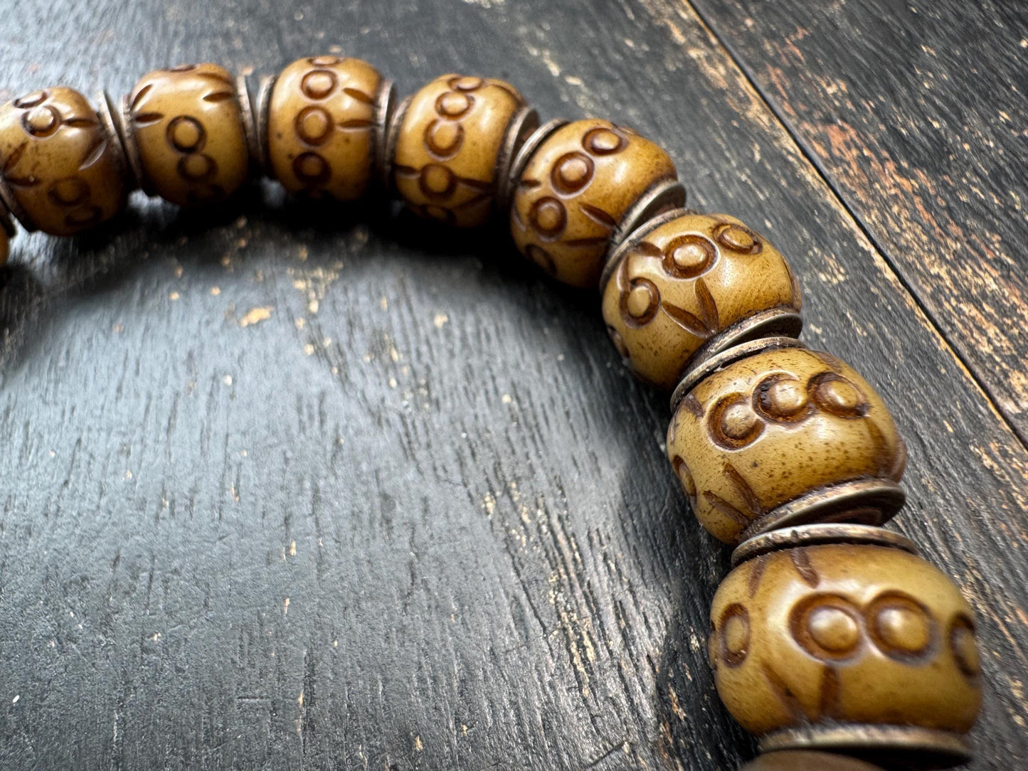 Tibetan Carved Yak Bone Bracelet | Himalayan Symbol Pattern Mala Bracelet | Adjustable Buddhist Prayer Beads | Ethnic Tribal Jewelry