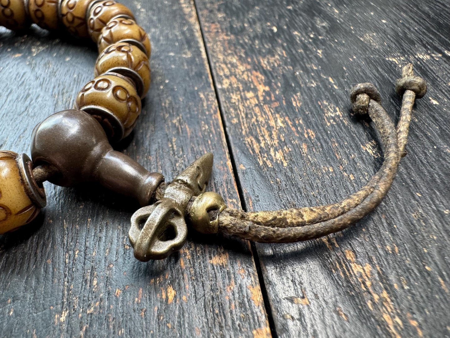 Tibetan Carved Yak Bone Bracelet | Himalayan Symbol Pattern Mala Bracelet | Adjustable Buddhist Prayer Beads | Ethnic Tribal Jewelry