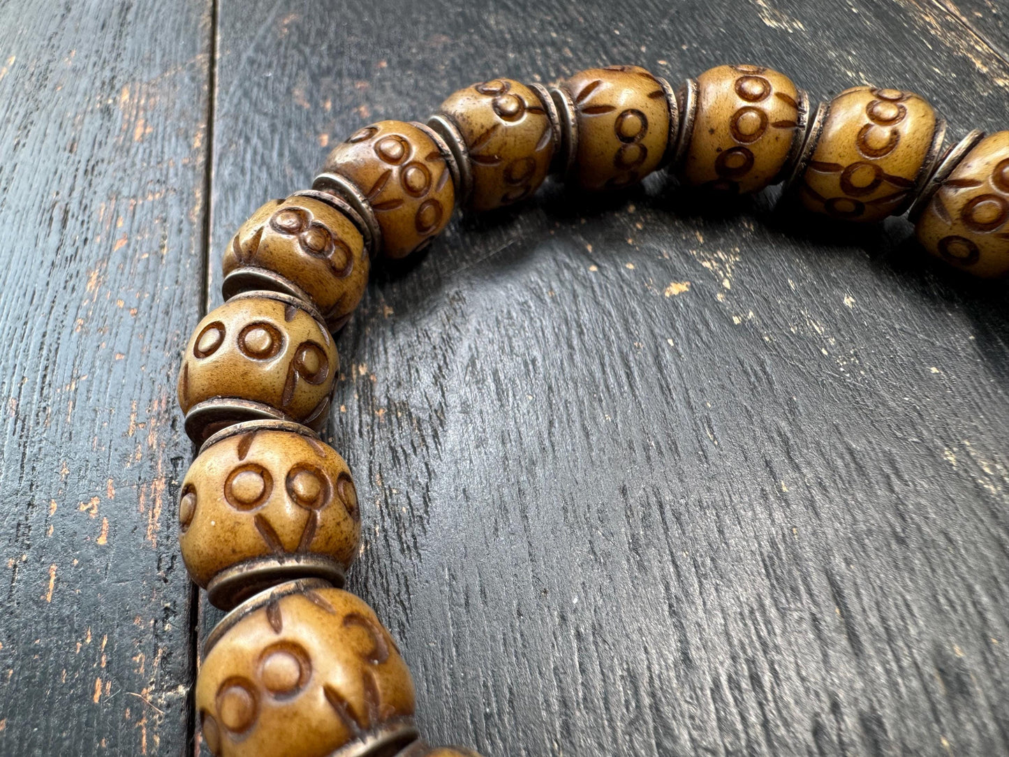 Tibetan Carved Yak Bone Bracelet | Himalayan Symbol Pattern Mala Bracelet | Adjustable Buddhist Prayer Beads | Ethnic Tribal Jewelry