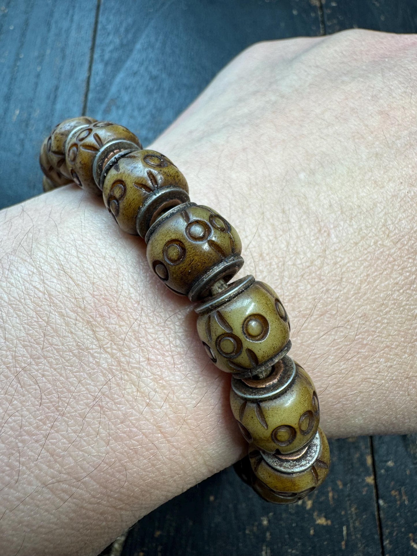 Tibetan Carved Yak Bone Bracelet | Himalayan Symbol Pattern Mala Bracelet | Adjustable Buddhist Prayer Beads | Ethnic Tribal Jewelry