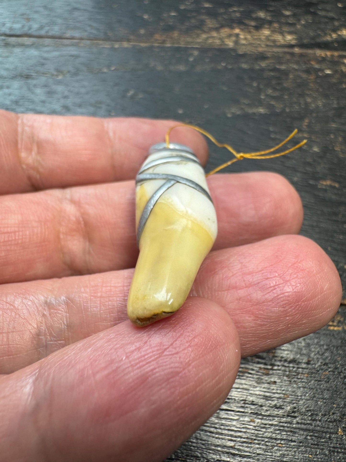 Vintage Organic Pendant with Metal Wrap – Aged Patina Amulet, Handcrafted Tribal Style Charm