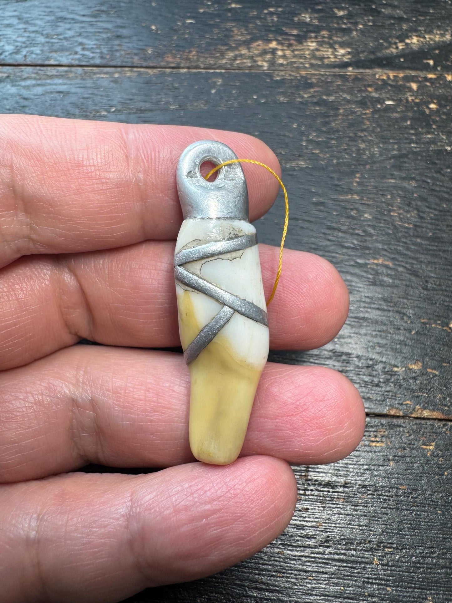 Vintage Organic Pendant with Metal Wrap – Aged Patina Amulet, Handcrafted Tribal Style Charm