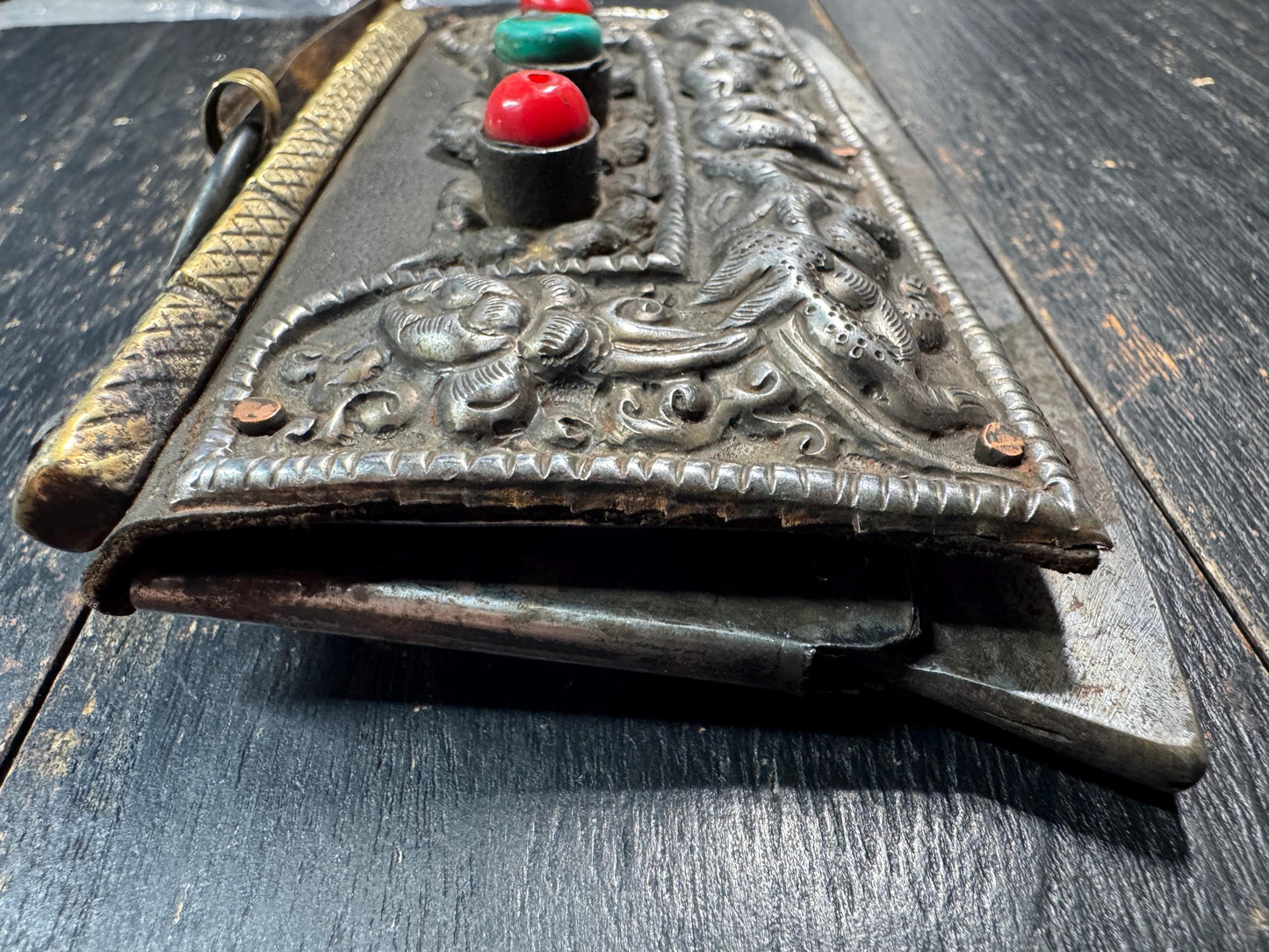 Antique Tibetan Mechag Flint Striker Pouch – Himalayan Chuckmuck Fire Starter Purse with Coral & Turquoise, Leather and Steel