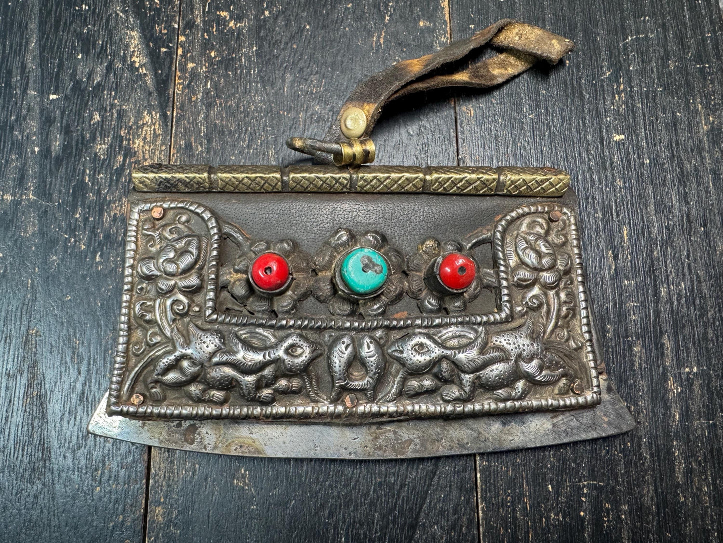 Antique Tibetan Mechag Flint Striker Pouch – Himalayan Chuckmuck Fire Starter Purse with Coral & Turquoise, Leather and Steel