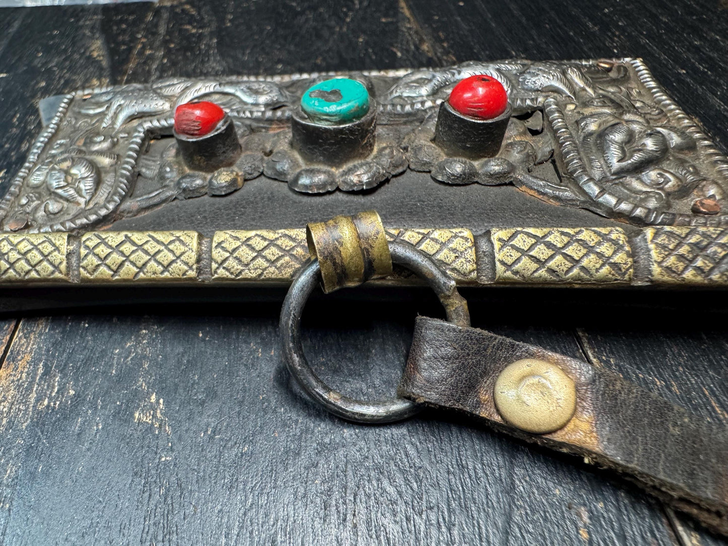 Antique Tibetan Mechag Flint Striker Pouch – Himalayan Chuckmuck Fire Starter Purse with Coral & Turquoise, Leather and Steel