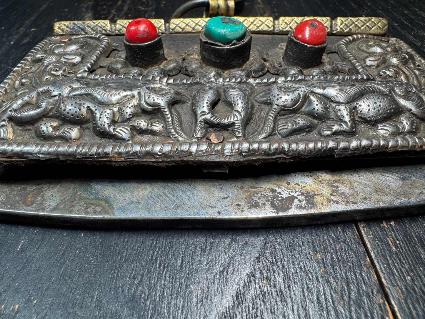 Antique Tibetan Mechag Flint Striker Pouch – Himalayan Chuckmuck Fire Starter Purse with Coral & Turquoise, Leather and Steel
