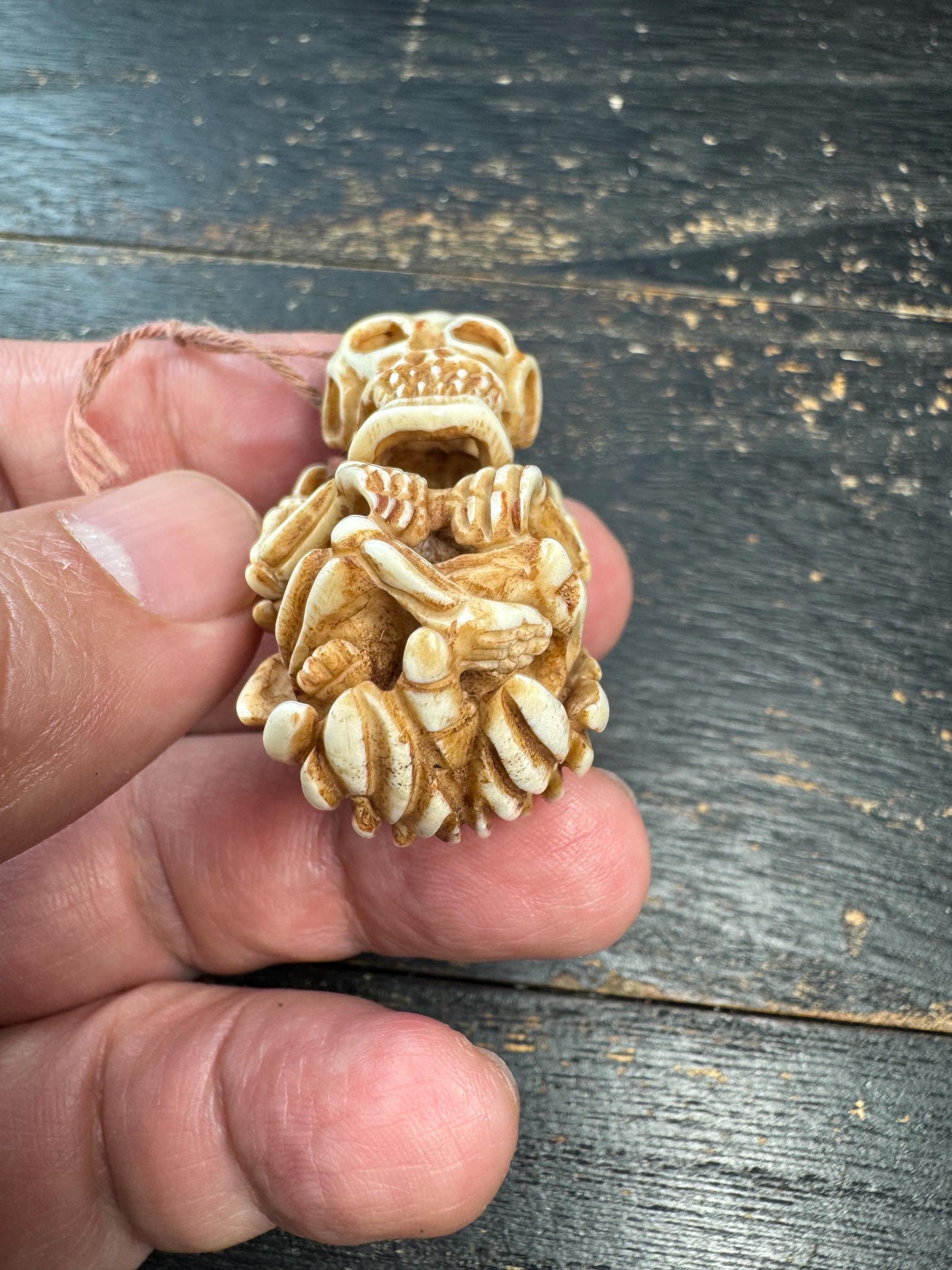 Hand Carved Deer Antler Citipati Pendant – Tibetan Skeleton Protector Amulet, Himalayan Charnel Ground Skull Carving